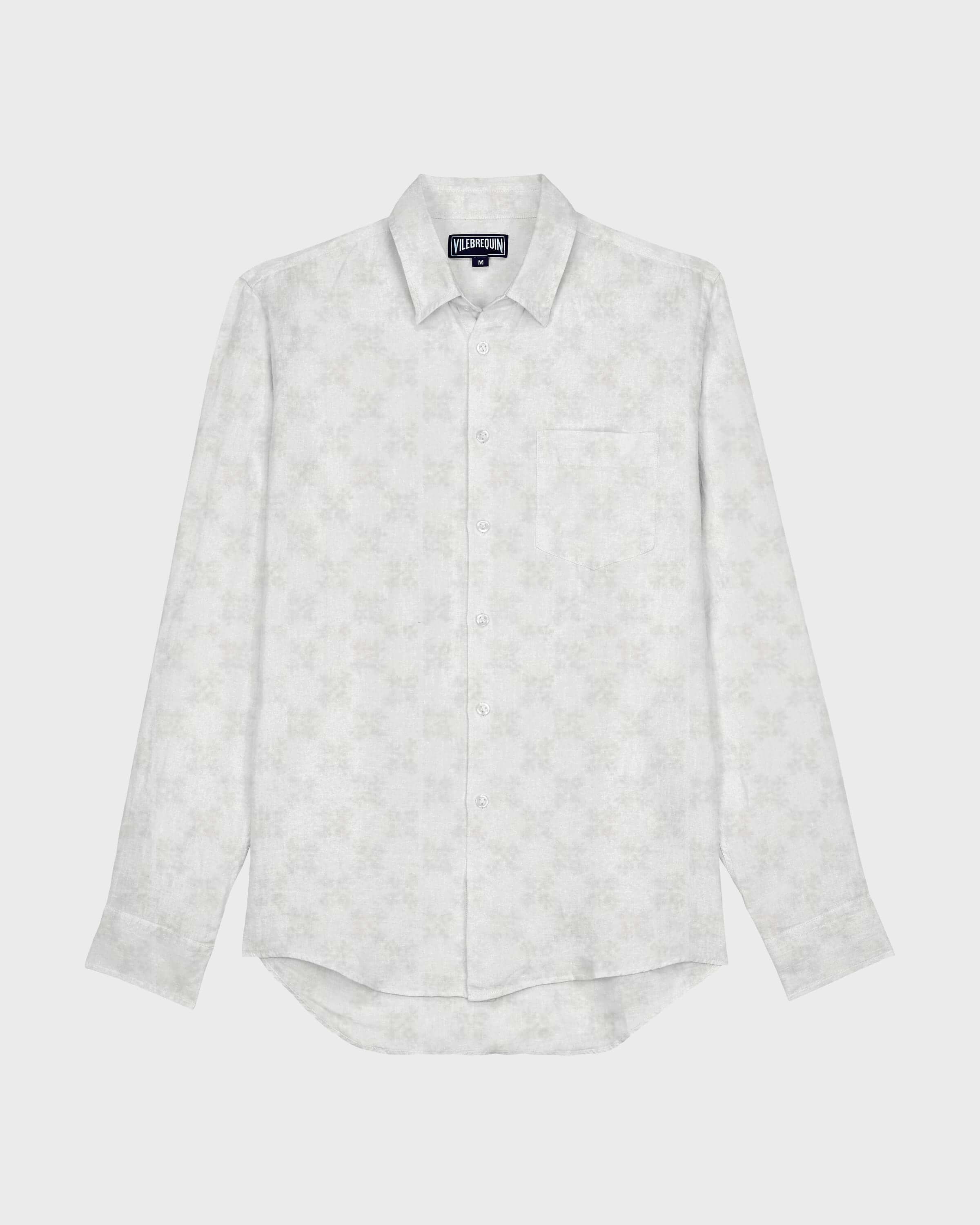 Men Linen and Cotton Shirt Jacquard Turtle Monogram WHITE front view