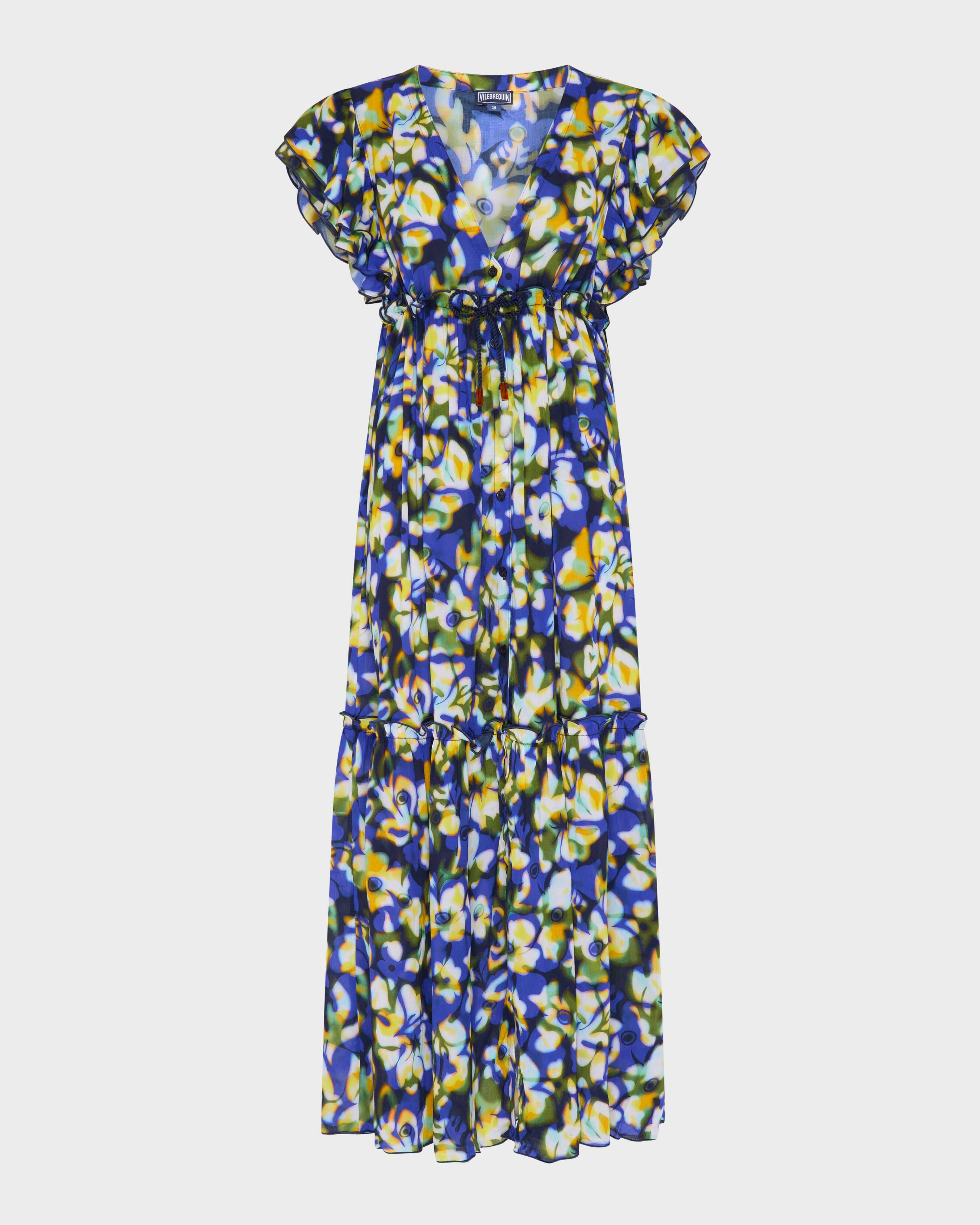 Langes Frangipanier Trouble Kleid aus Viskose für Damen MARINEBLAU front view