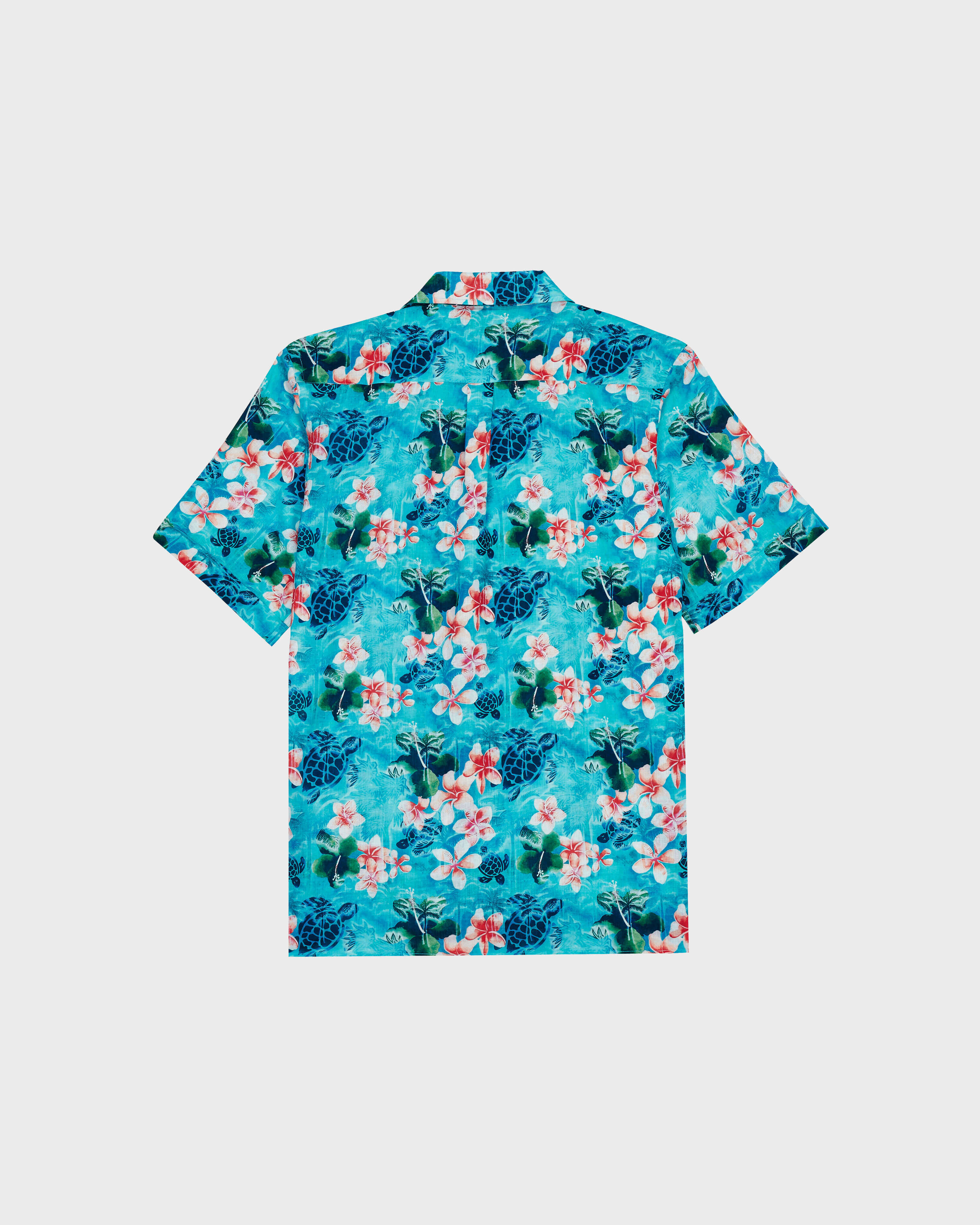 Men Linen and Cotton Bowling Shirt Turtles Jungle LAZULII BLUE back view