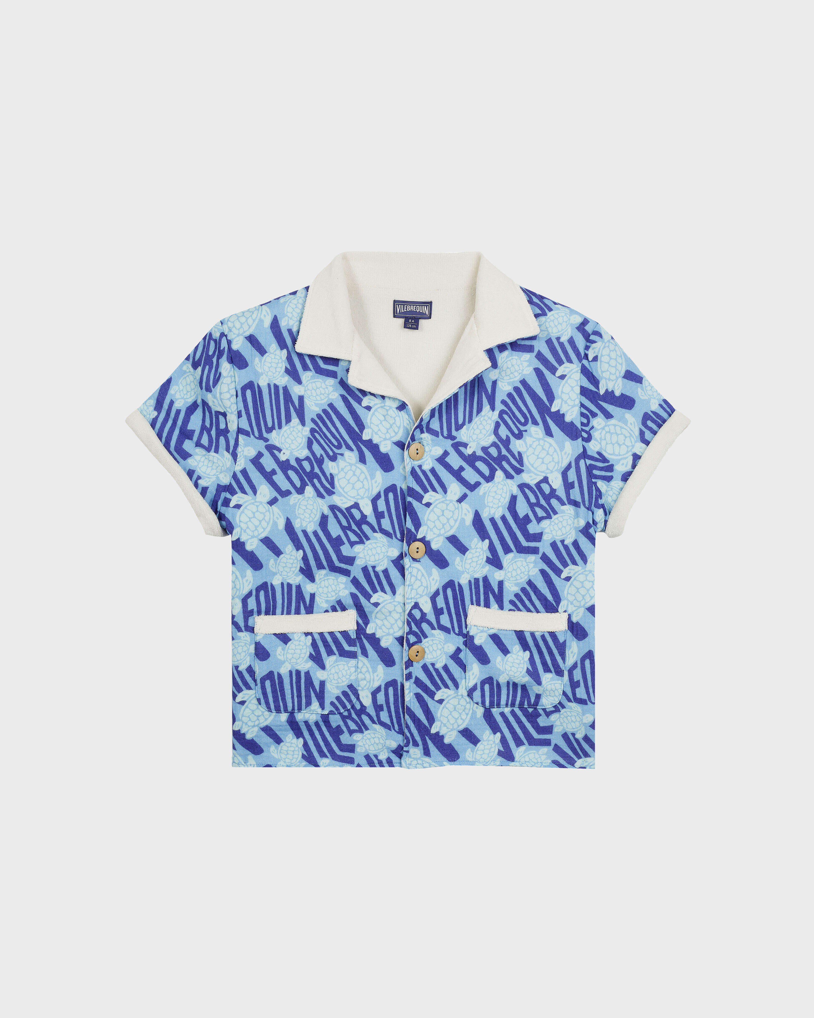 Boys Cotton Shirt Ronde des Tortues Logo all over BLUE TOPAZ front view