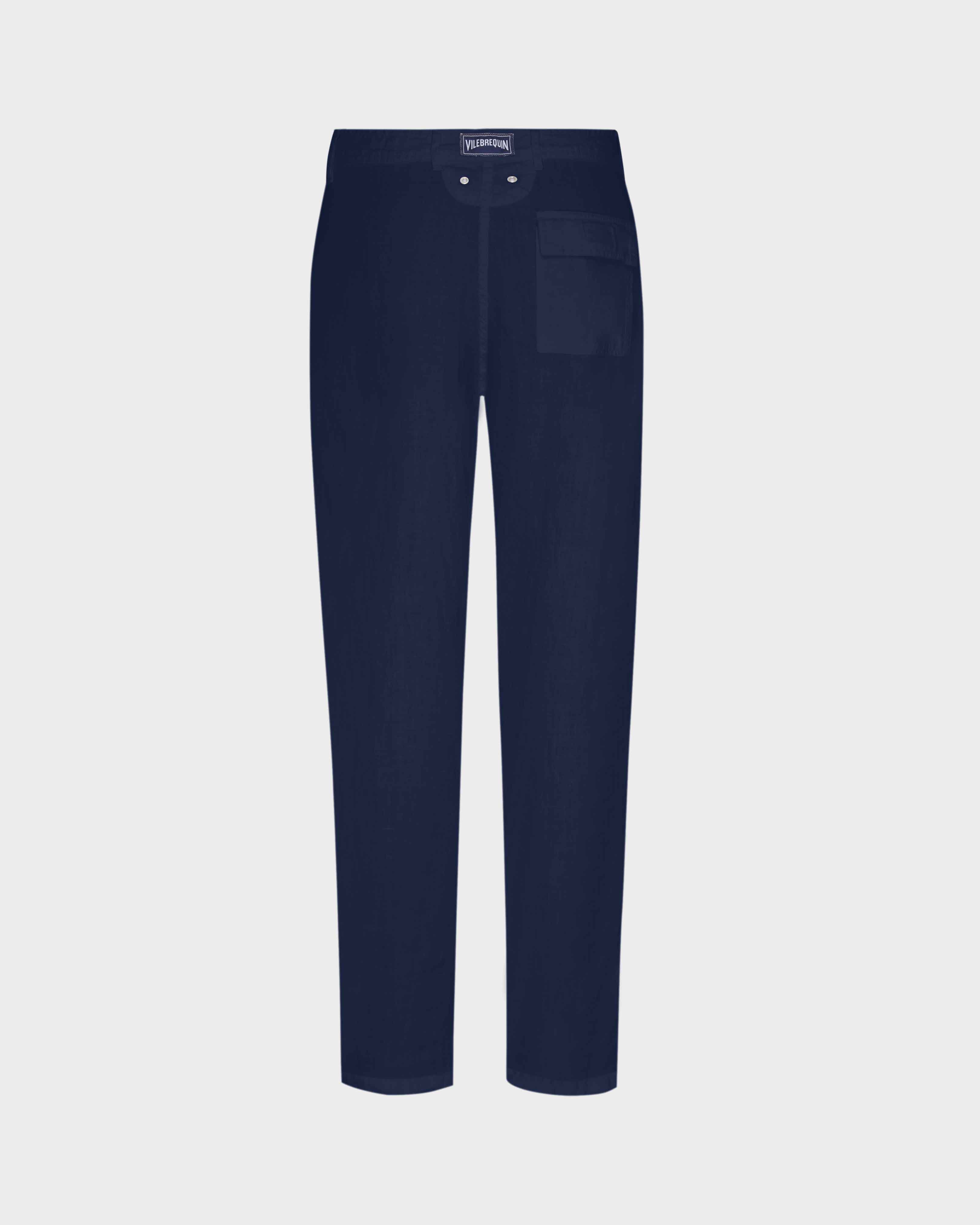 Men Straight Linen Pants Solid NAVY back view