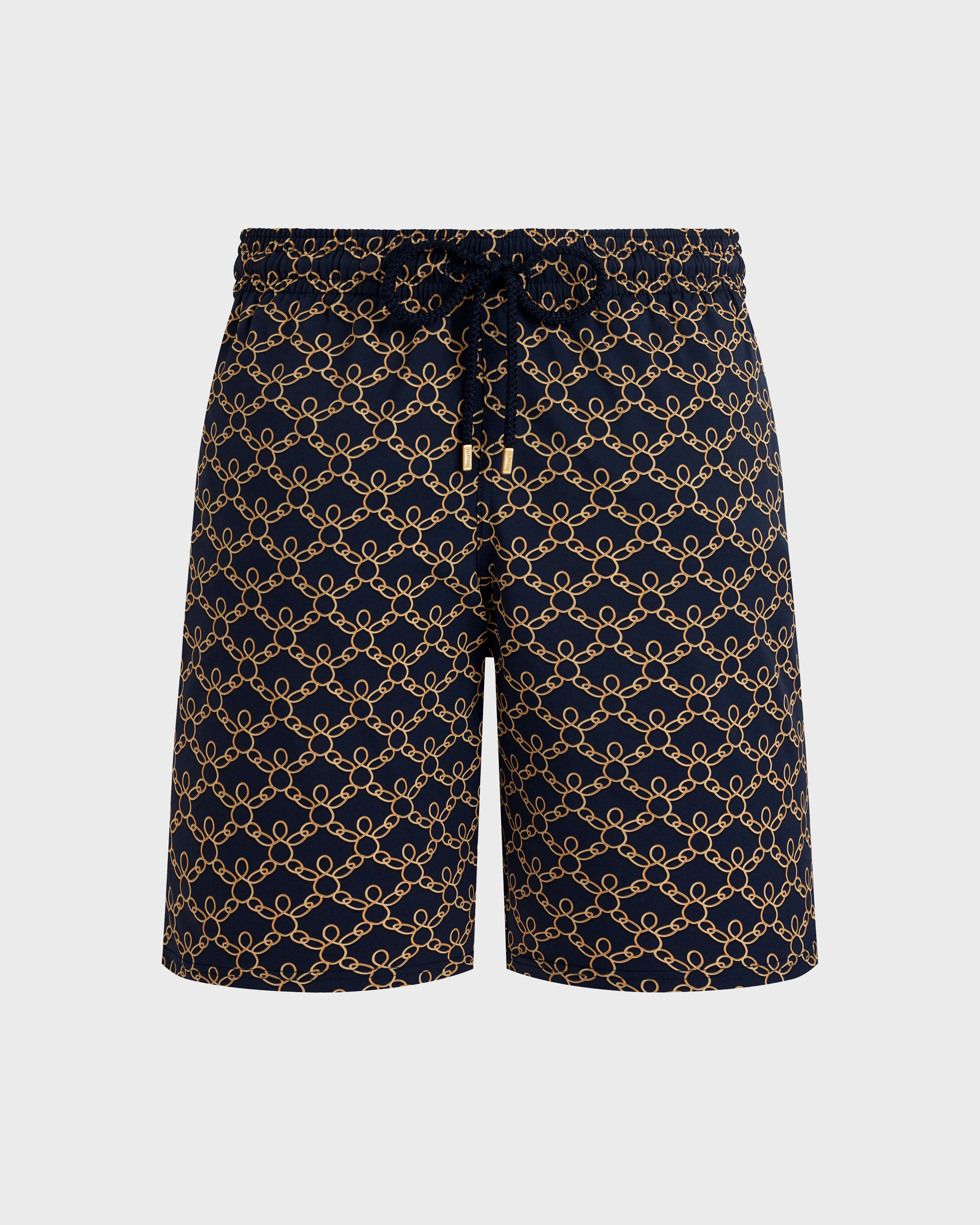 Men Long Stretch Swim Shorts Turtles Chain NAVY front view