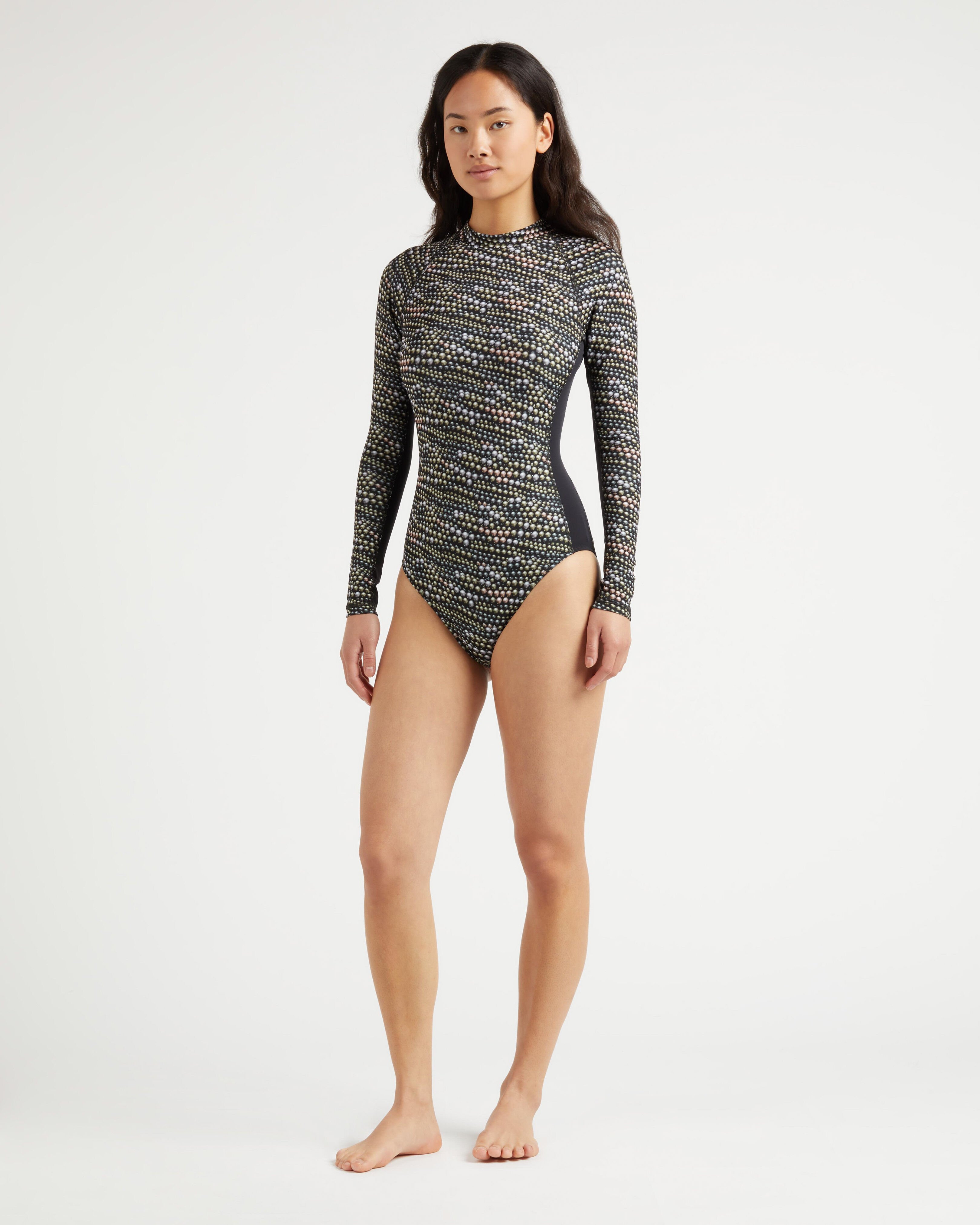 Women UV Protection One-Piece Rashguard Pearl BLACK frontworn view