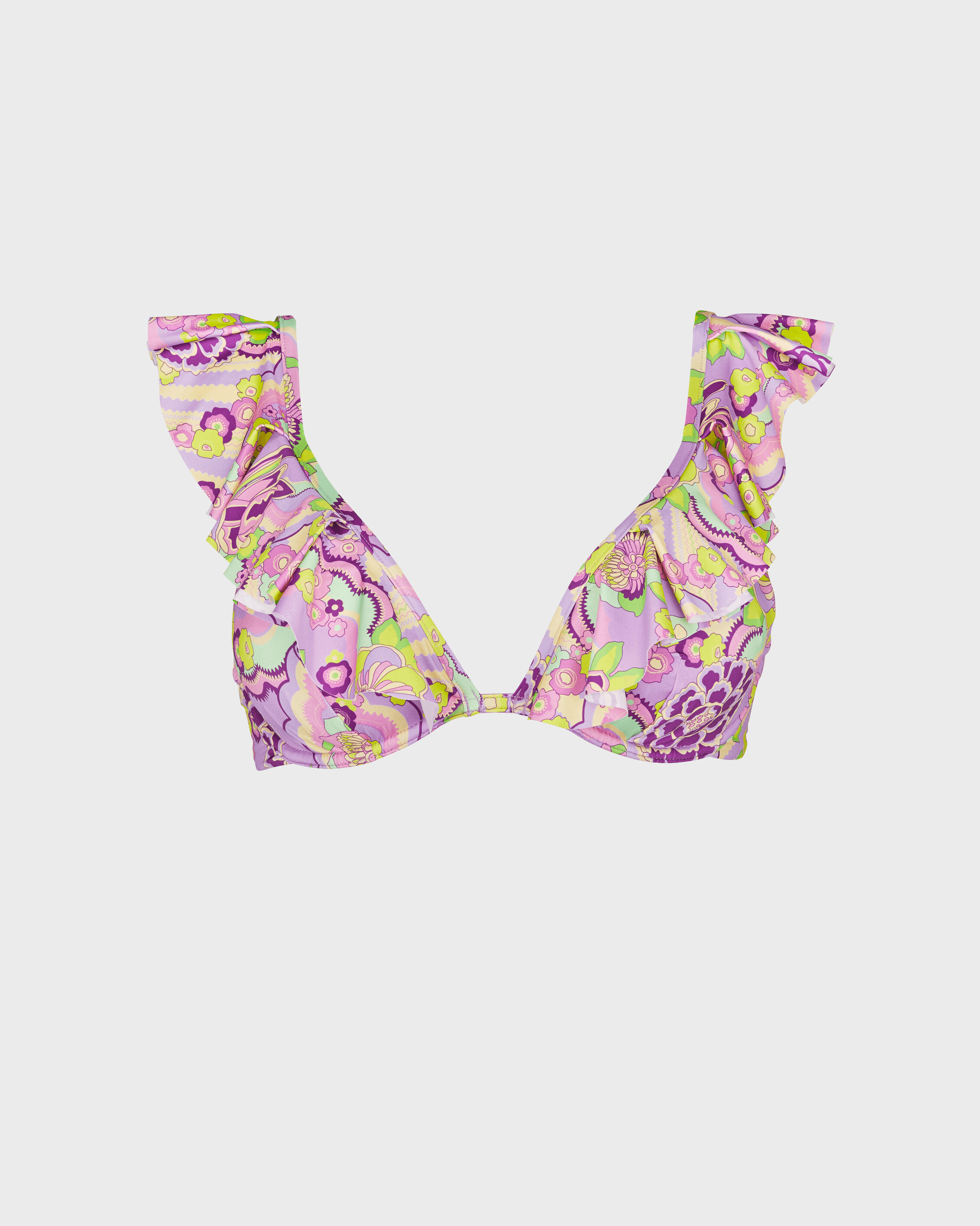 Top de bikini anudado alrededor del cuello con estampado Rainbow Flowers para mujer CYCLAMEN front view