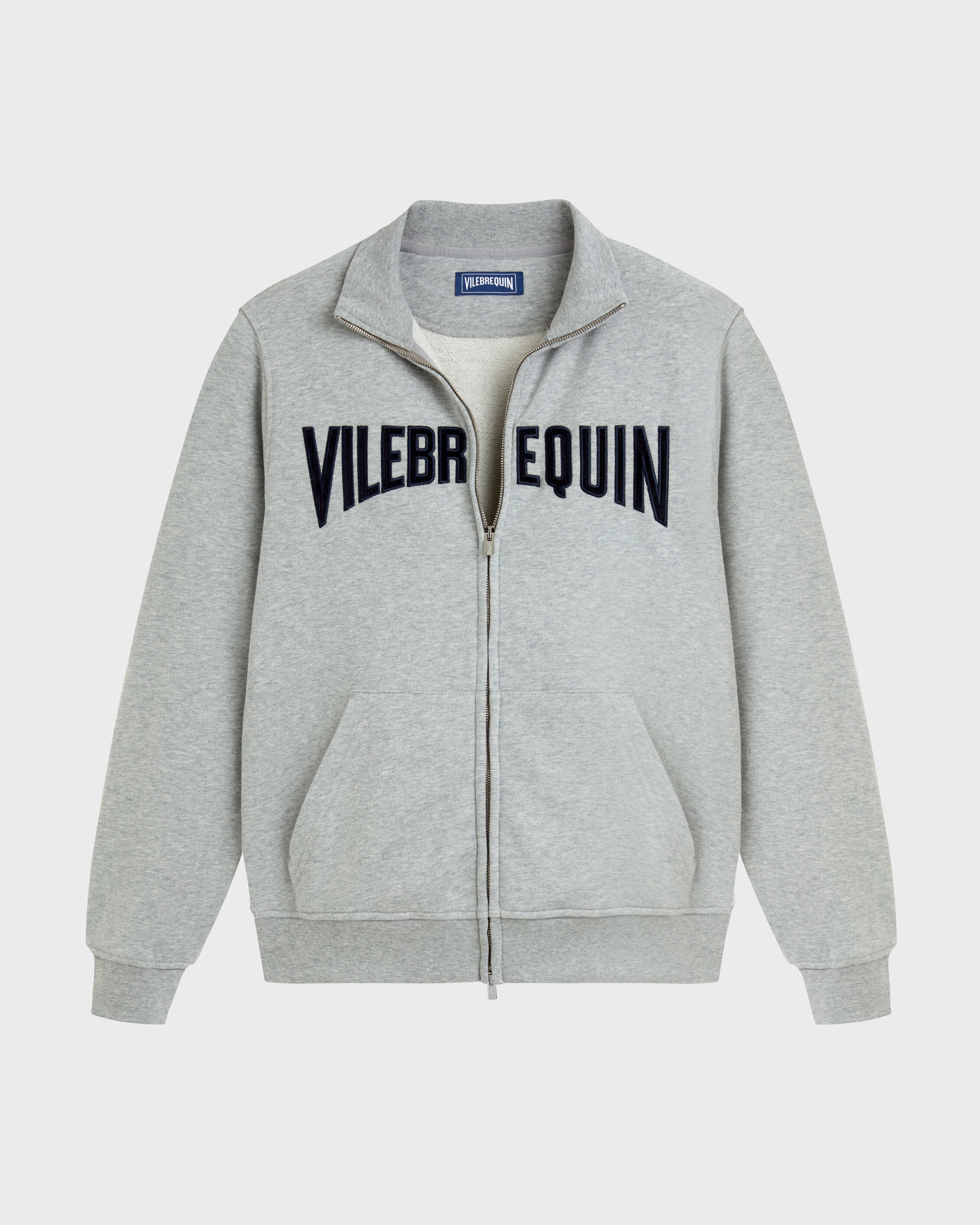 Men Cotton Full Zip Sweatshirt Stitched Logo HEATHER GREY front view
