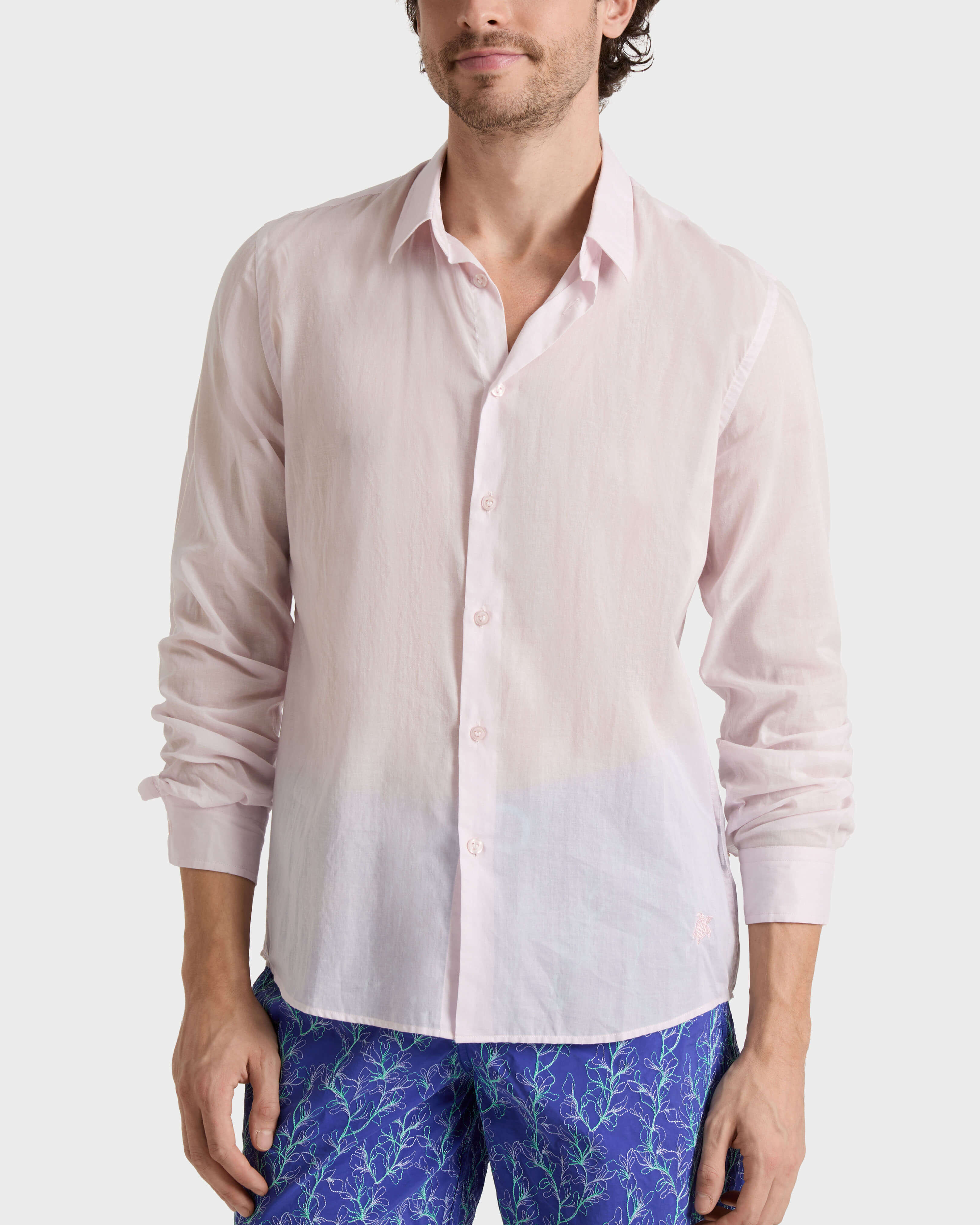 Cotton Voile Lightweight Shirt Solid PETALE / PINK frontworn view