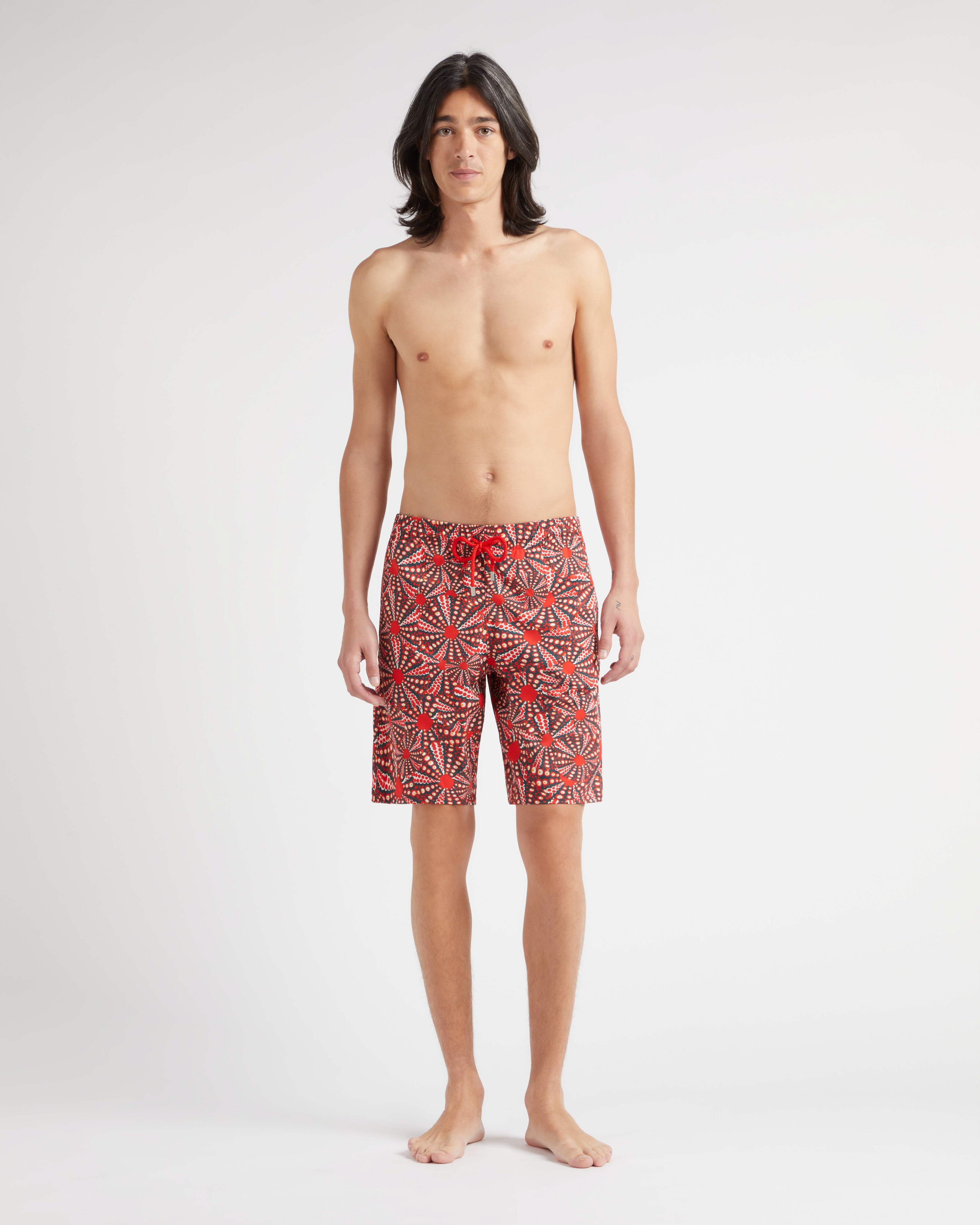 Men Long Stretch Swim Shorts Oursinades POPPY RED frontworn view