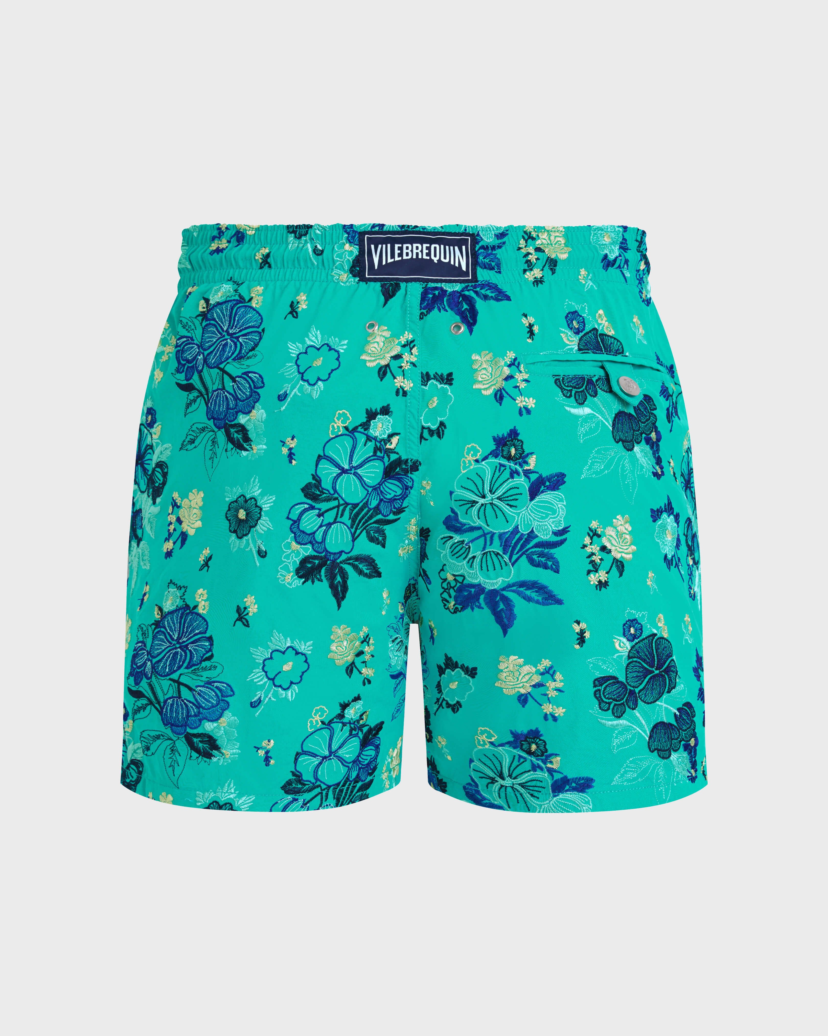 Men Swim Shorts Embroidered Flowers - Limited Edition DISCO GREEN back view