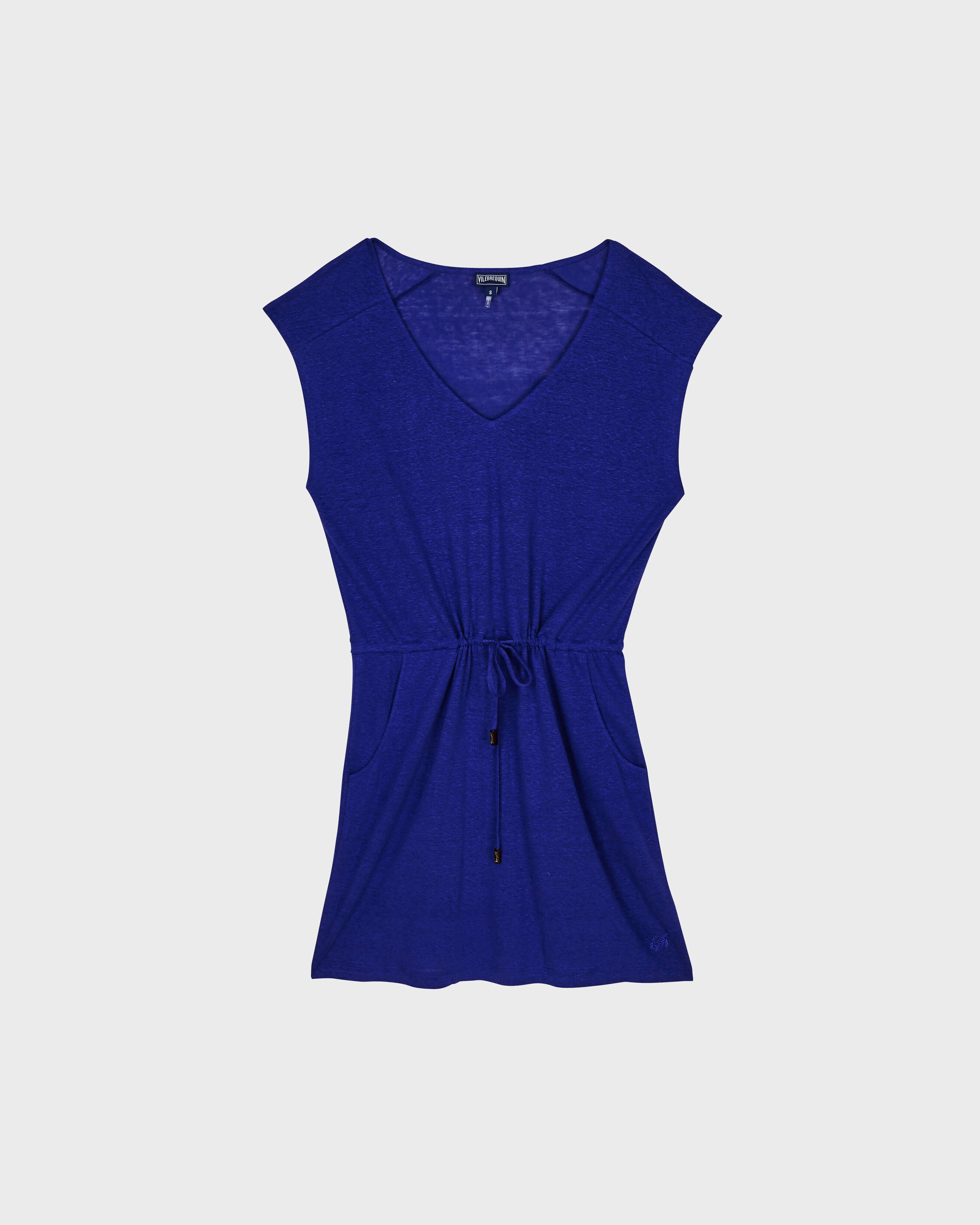 Women Linen V collar Dress Solid PURPLE BLUE front view