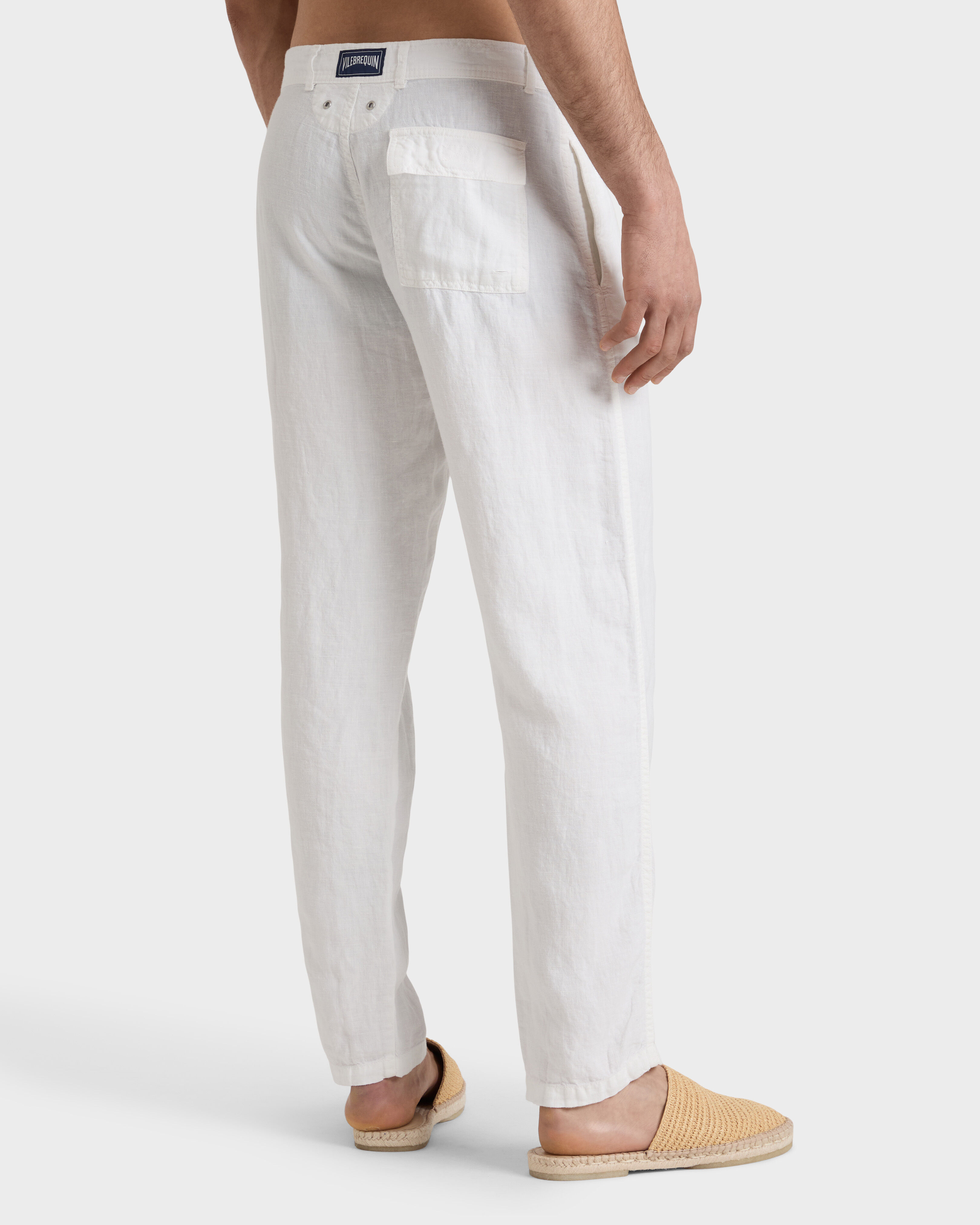 Men Straight Linen Pants Solid WHITE backworn view