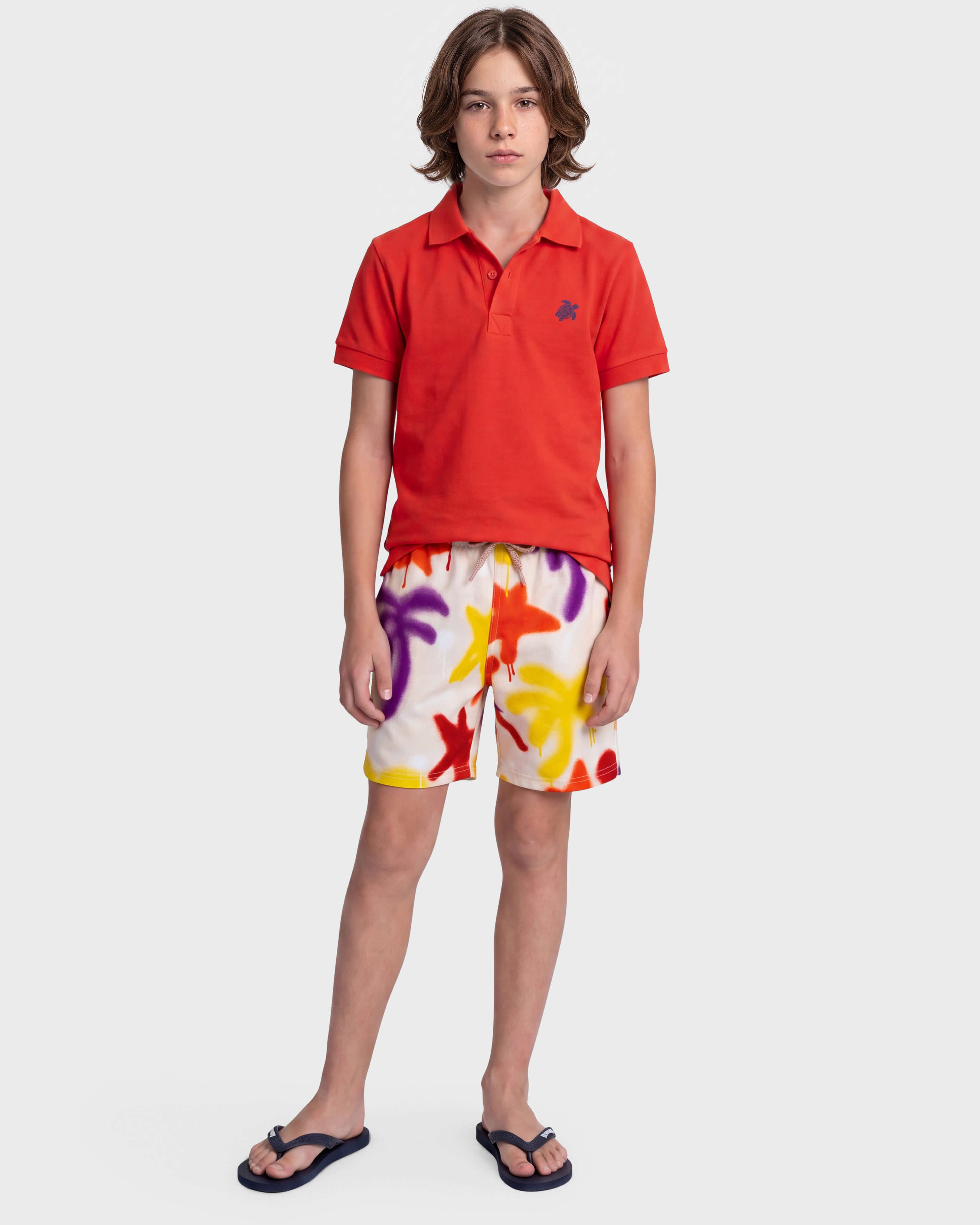 Boys Pique Cotton Polo Embroidered Turtle POPPY RED frontworn view