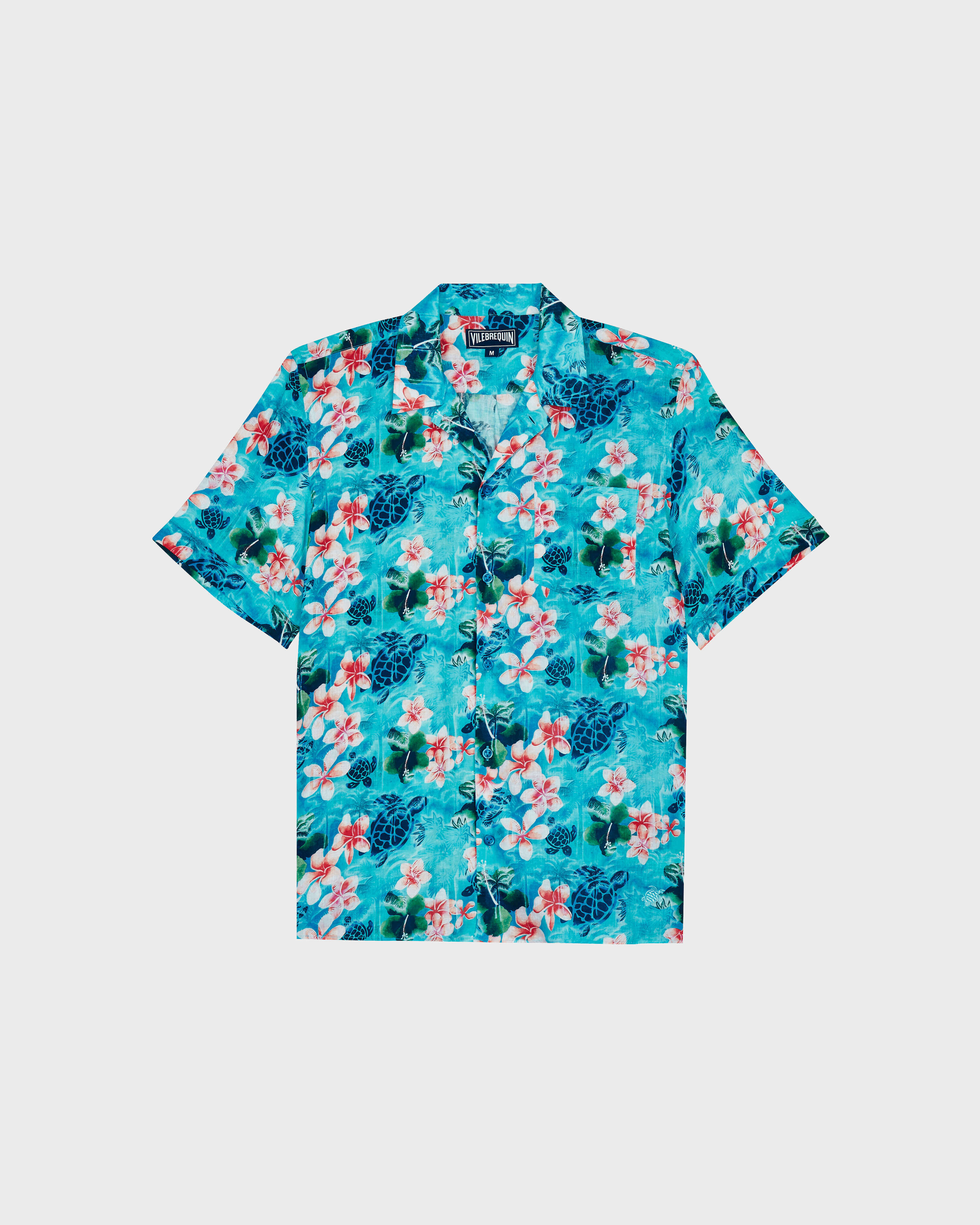 Men Linen and Cotton Bowling Shirt Turtles Jungle LAZULII BLUE front view