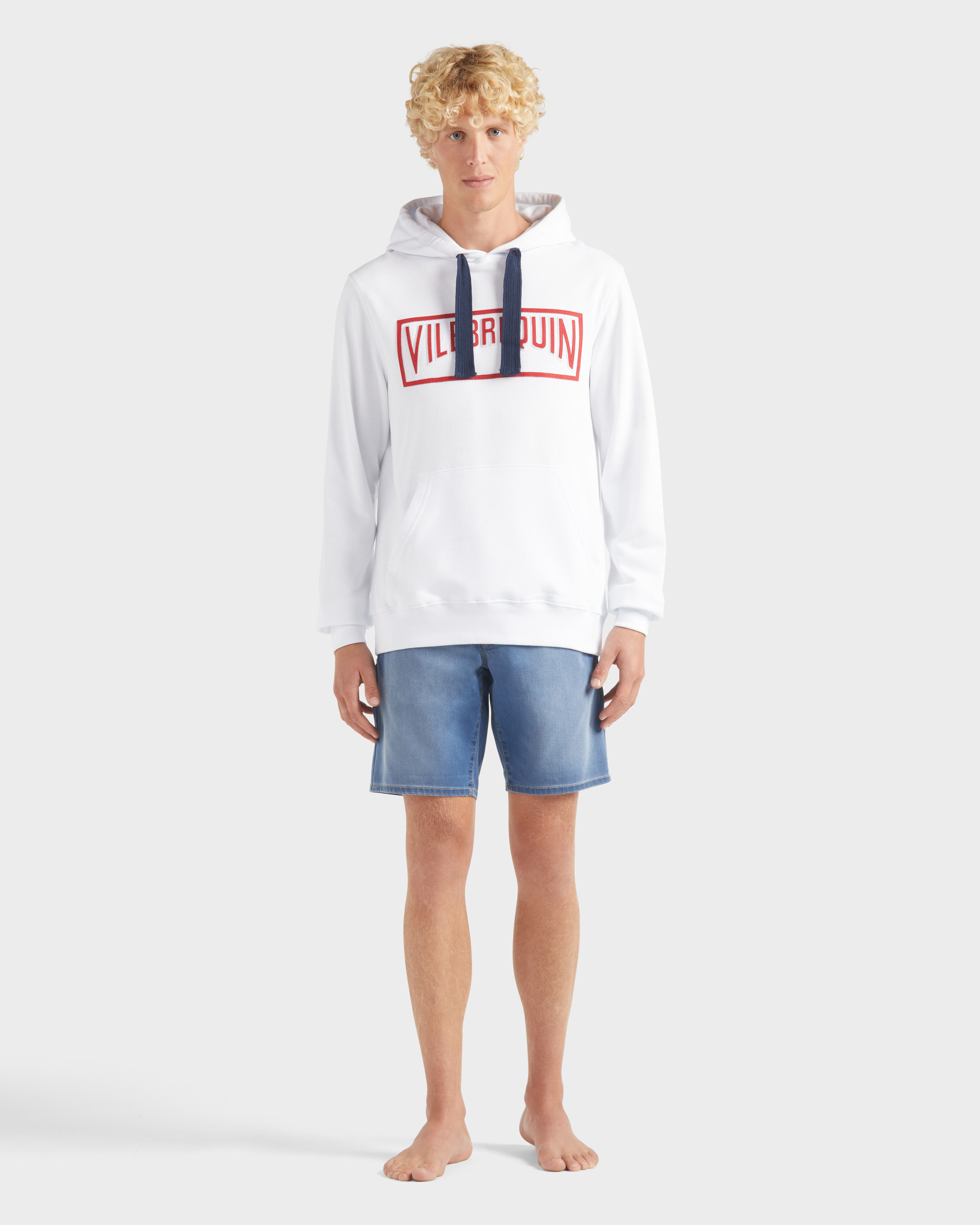 Men Cotton Hoodie Sweatshirt Solid WHITE frontworn view