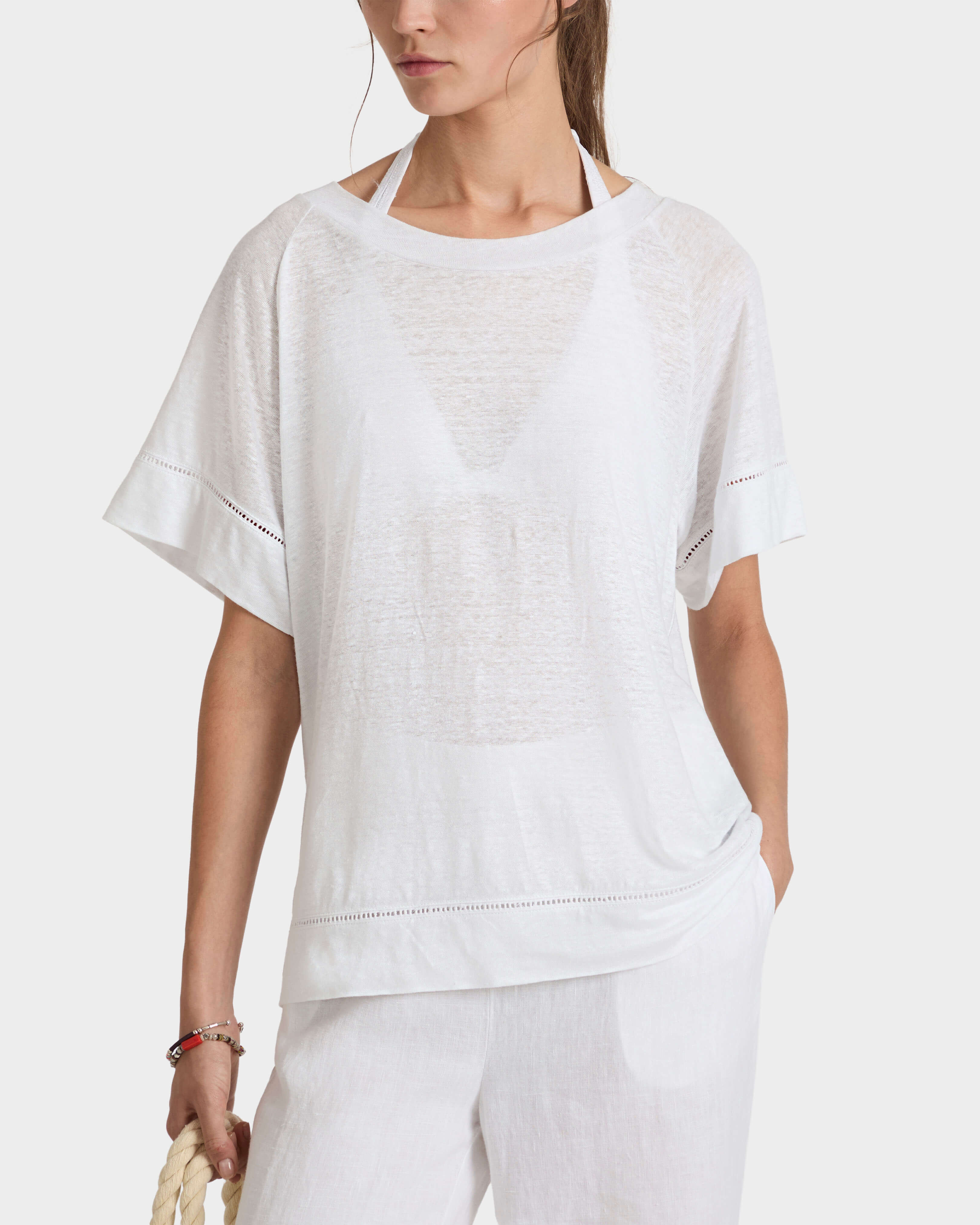 T-shirt donna in lino tinta unita BIANCO frontworn view