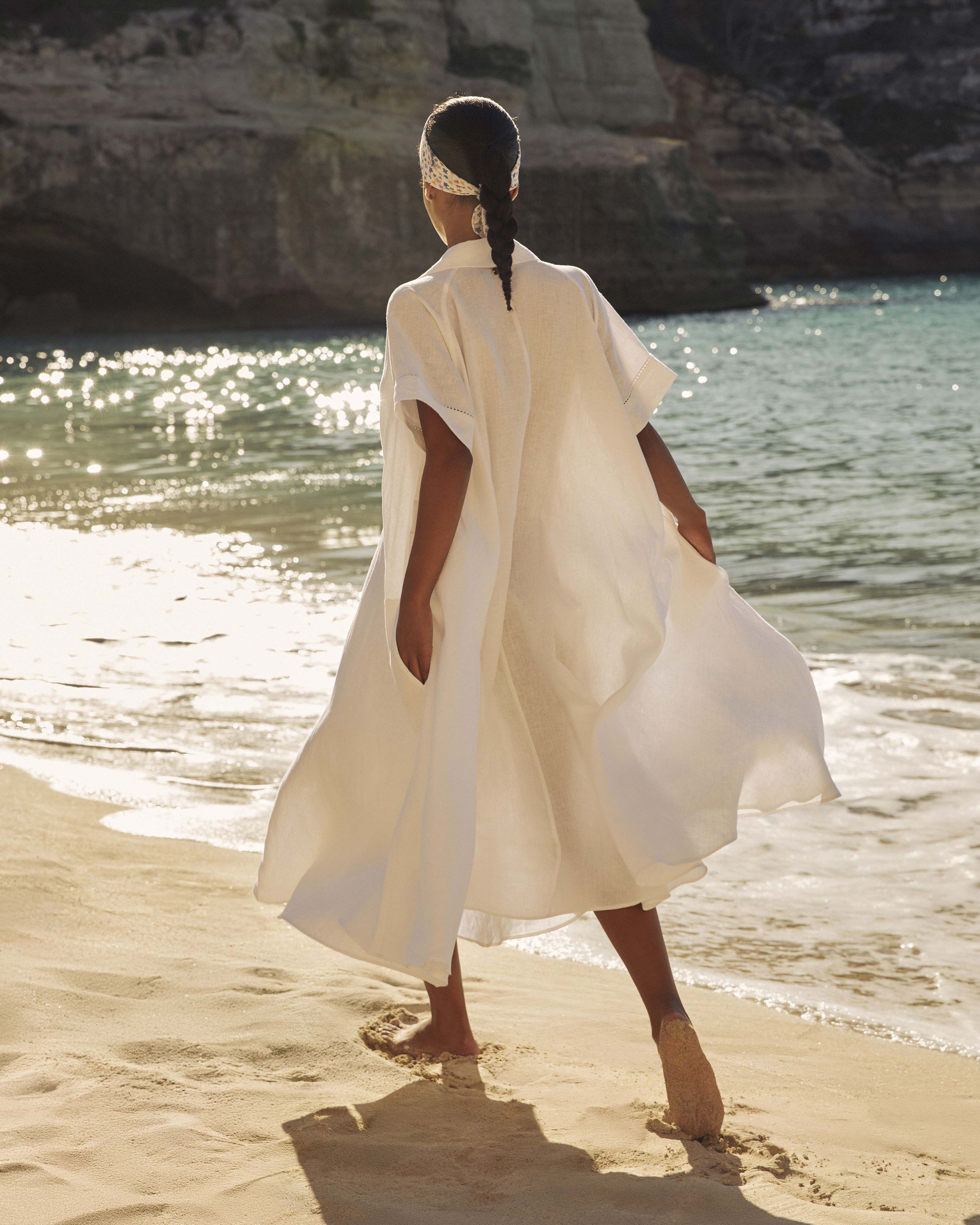 Women Long Linen Shirt Dress Solid WHITE lifestyle view