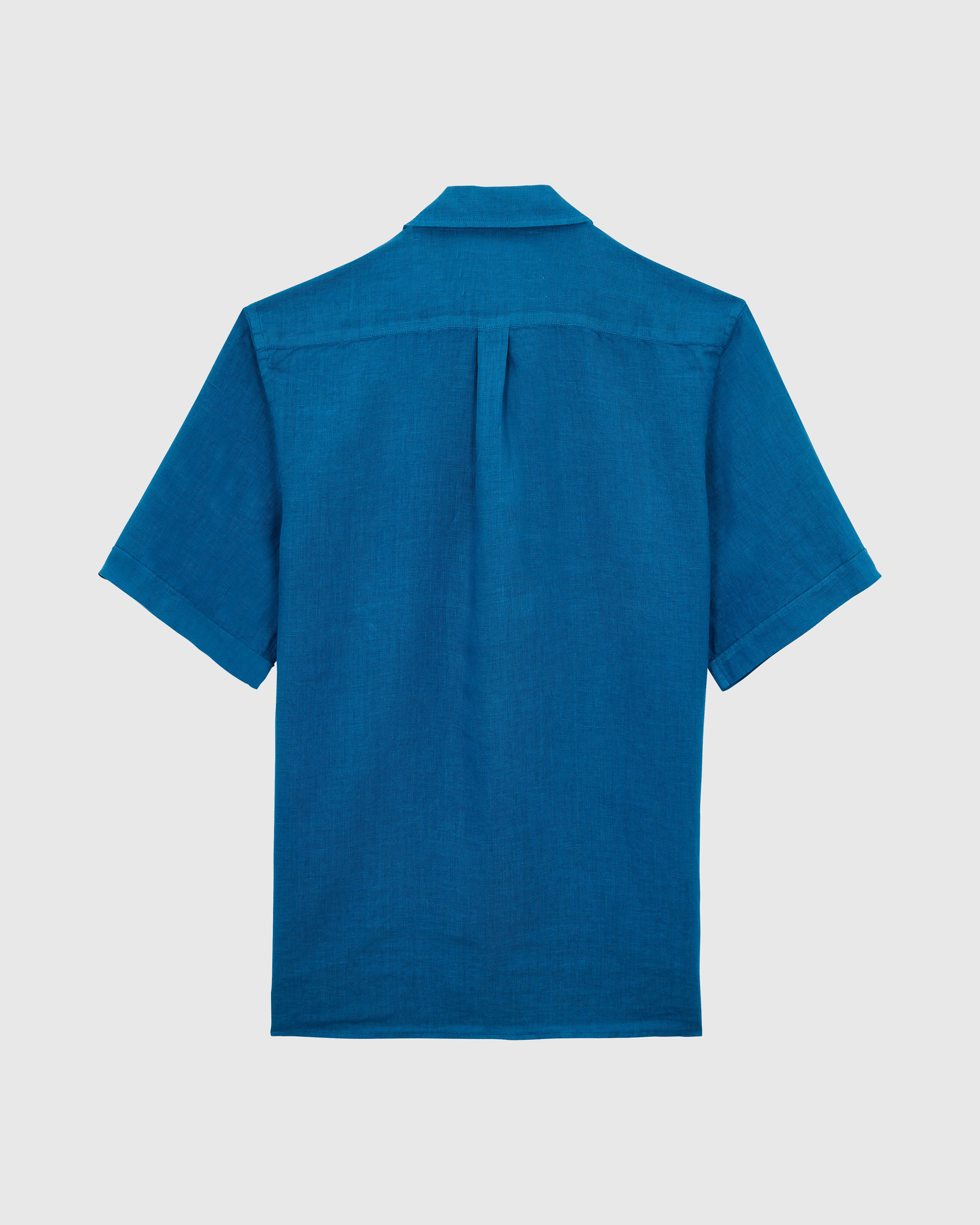 Men Bowling Linen Shirt Solid PEACOCK back view