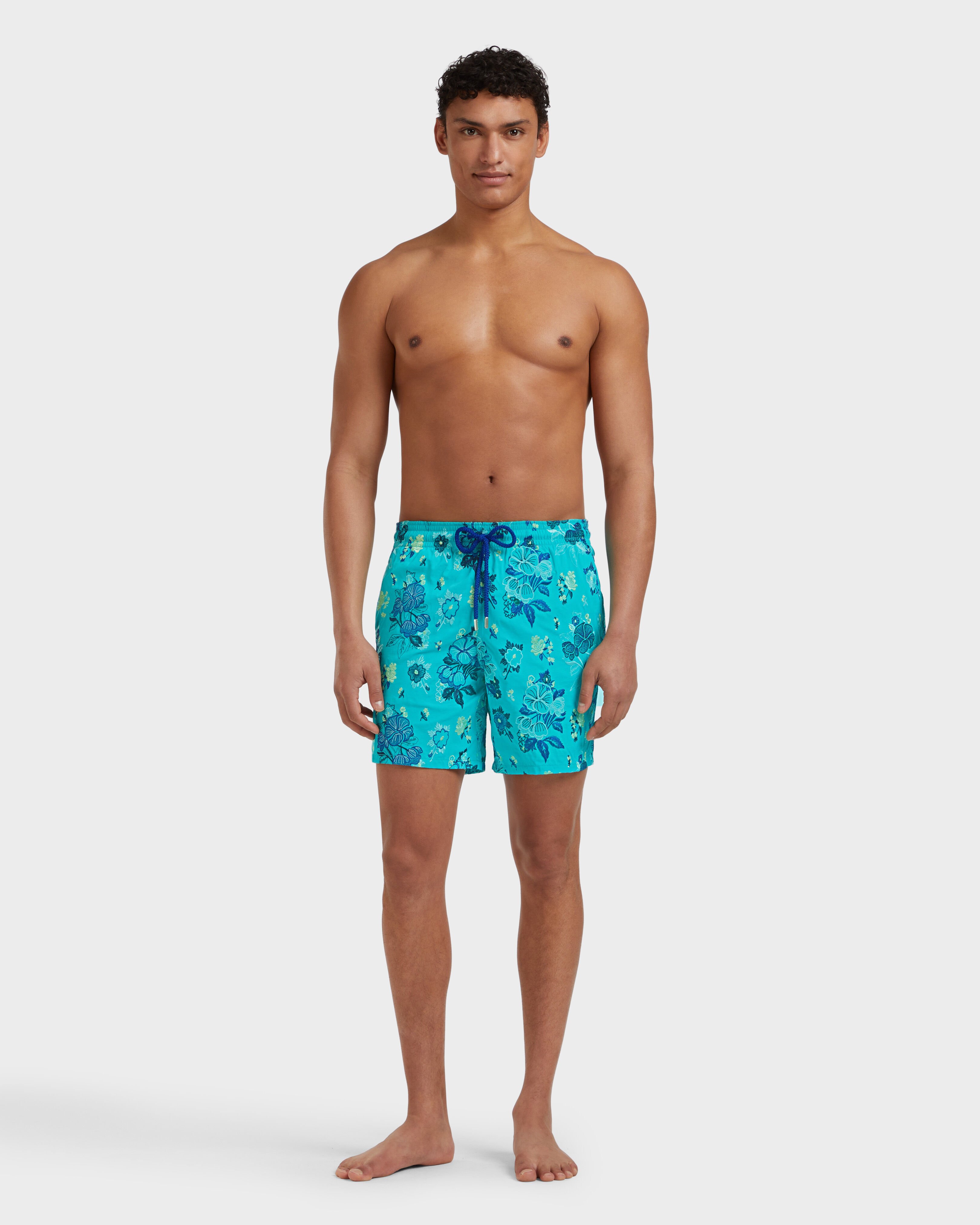 Men Swim Shorts Embroidered Flowers - Limited Edition DISCO GREEN frontworn view