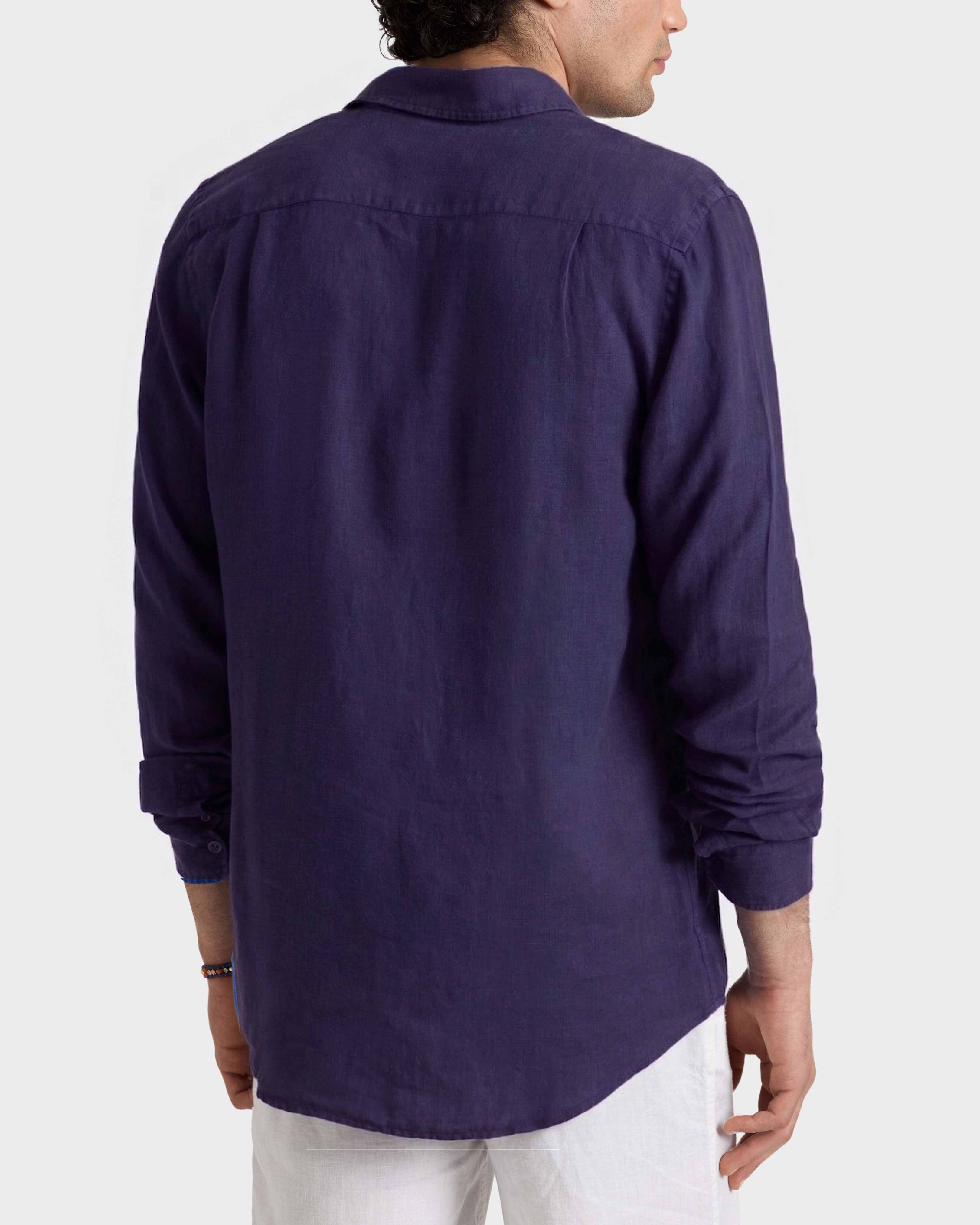 Chemise en lin homme unie BLEU MARINE backworn view