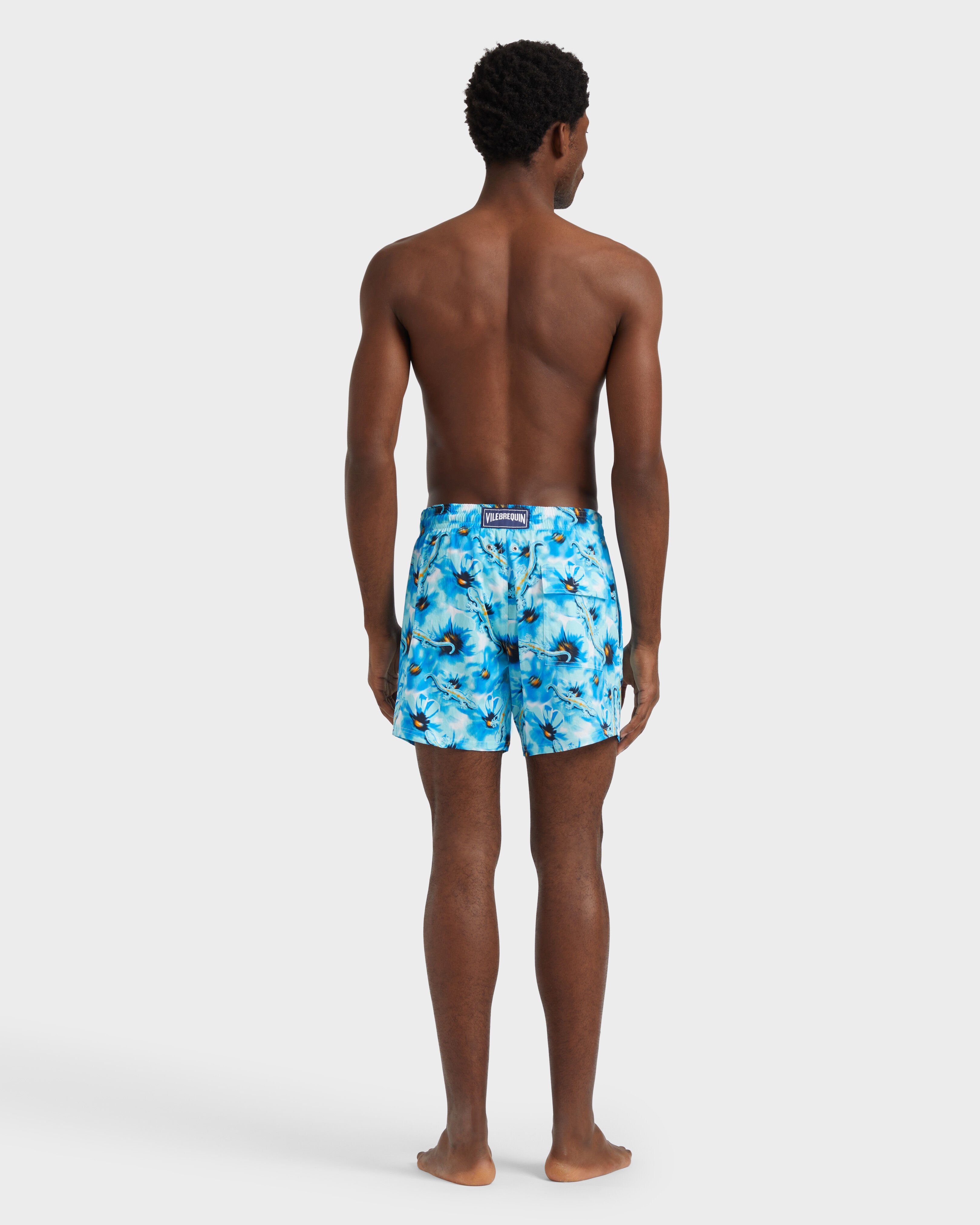 Men Stretch Short Swim Shorts Poopies and Geckos BLUE TOPAZ backworn view