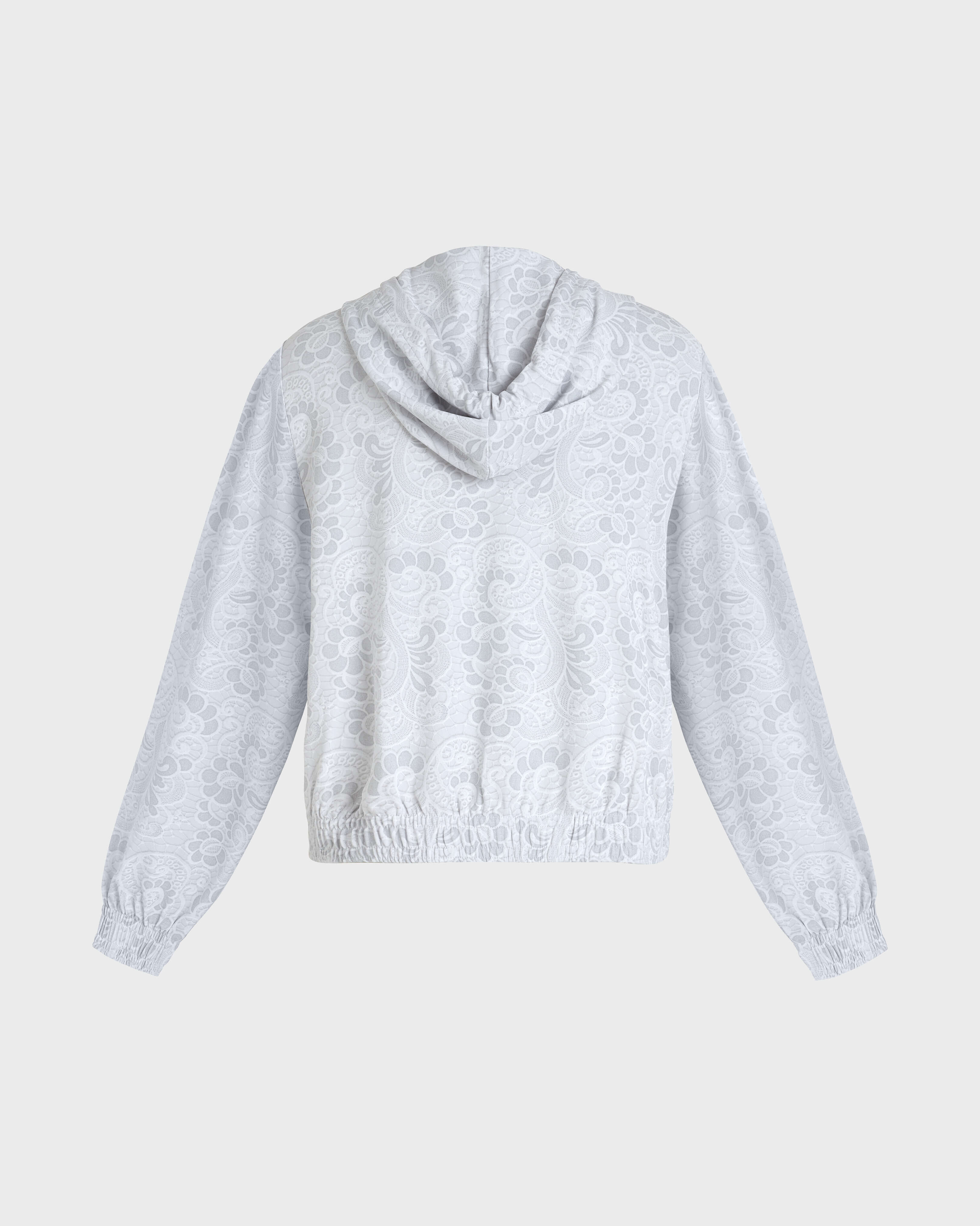 Sweat à capuche zippé en jersey en crêpe de viscose femme imprimé trompe-l'œil guipure - Collection Limited BLANC back view