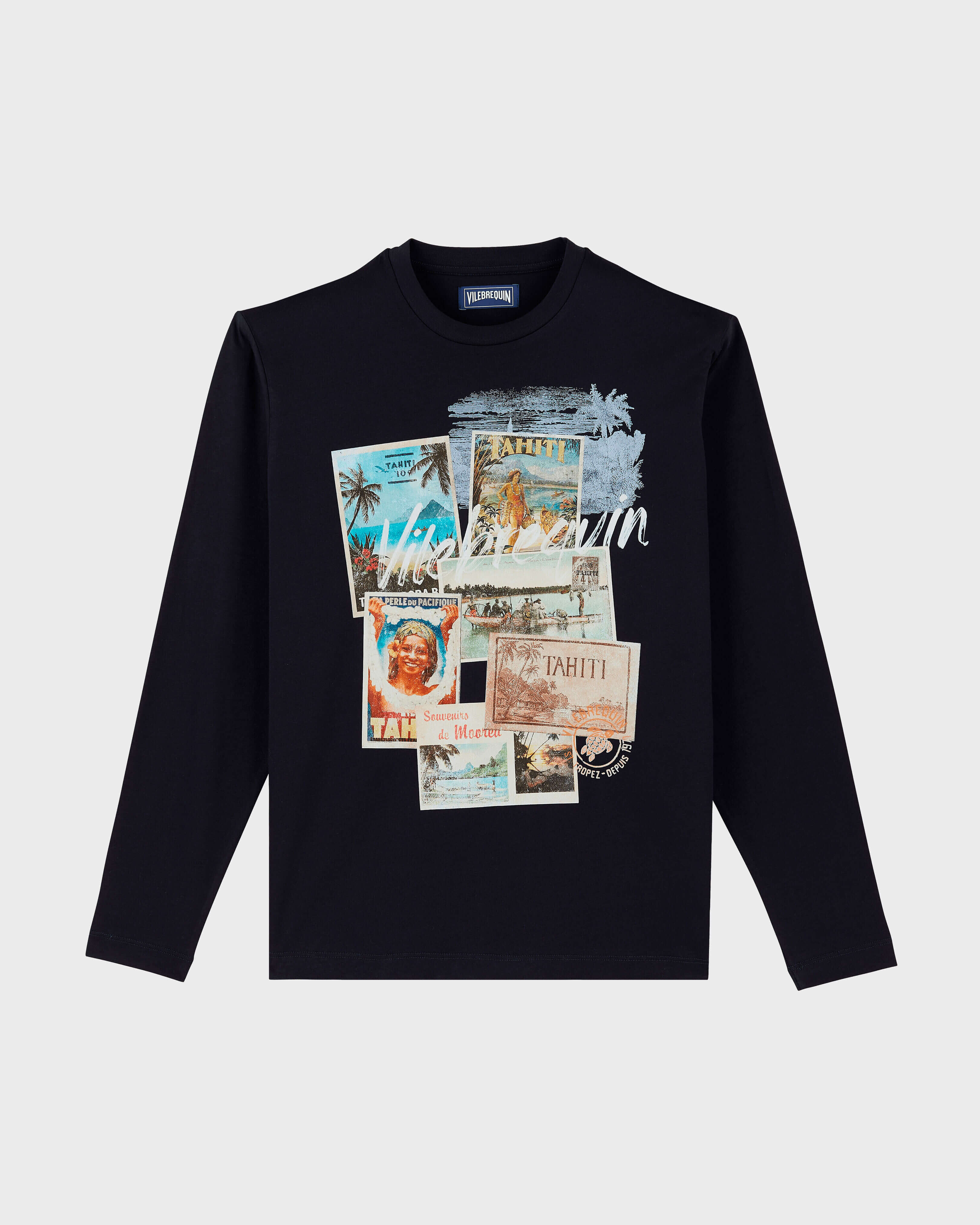 Men Cotton Long Sleeves T-shirt Vintage Stamp NAVY front view