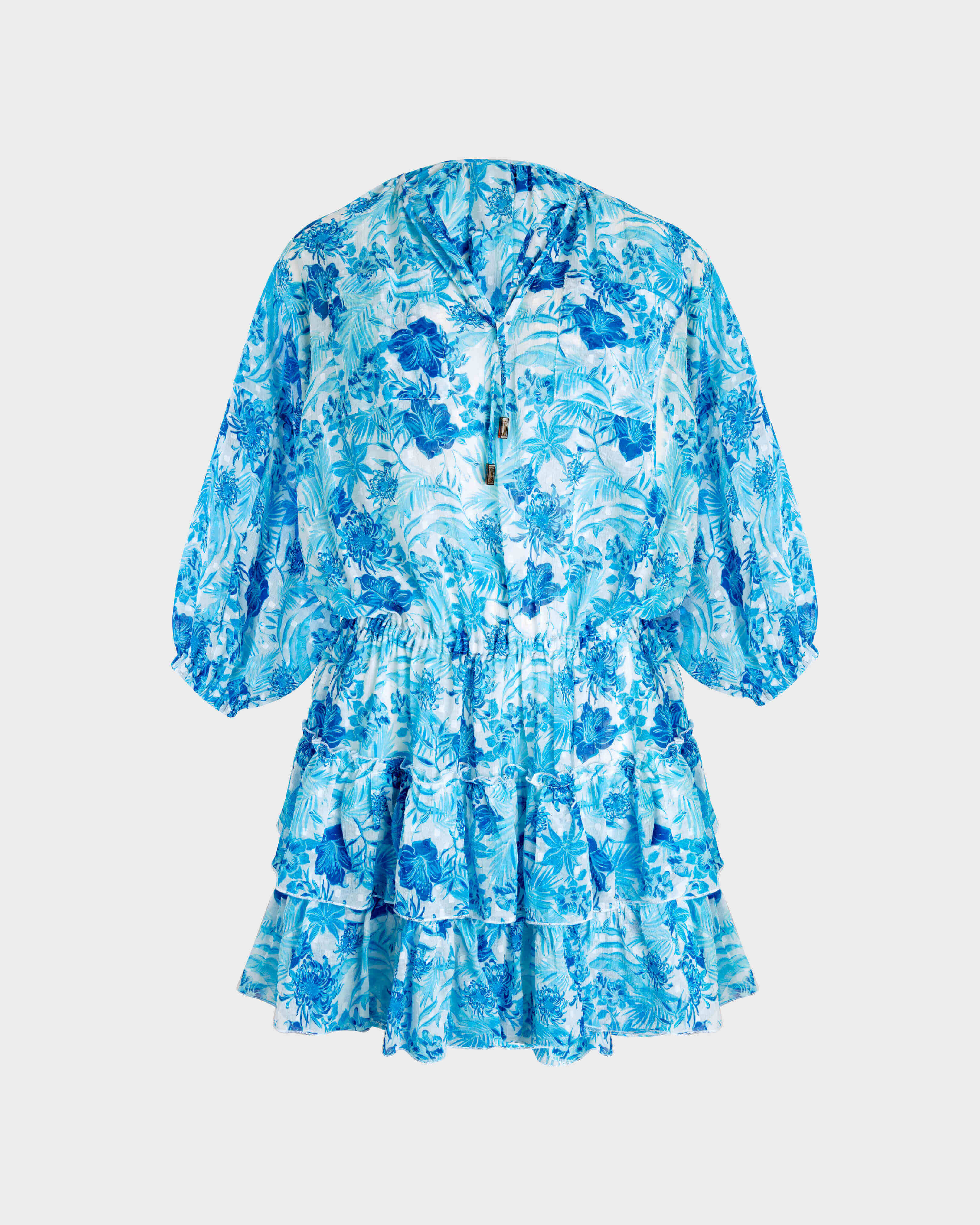 Robe courte à volants en coton femme Tahiti Flowers BLANC front view