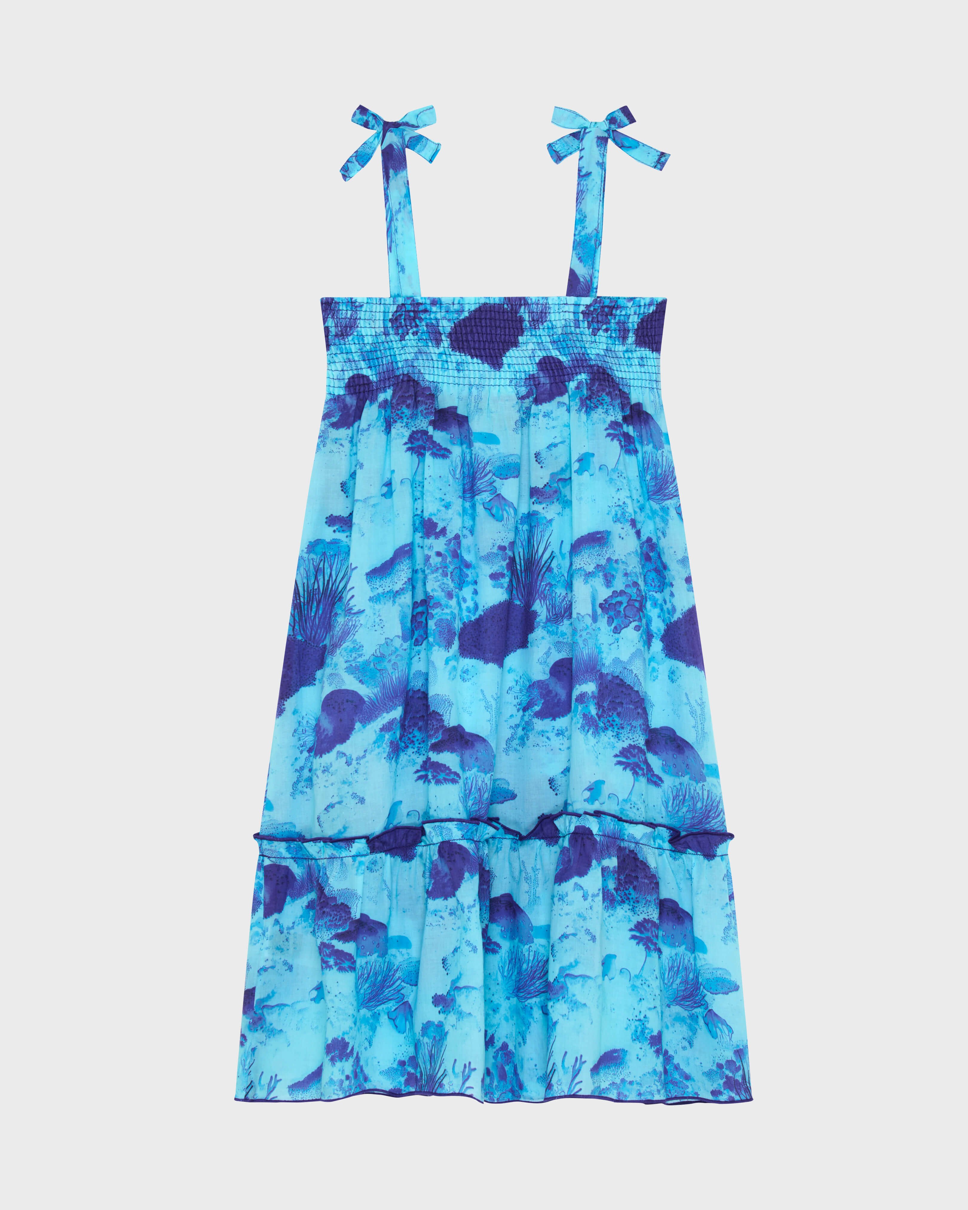 Vestido de gasa de algodón orgánico con estampado Coral Reef para niña OXYGENE back view