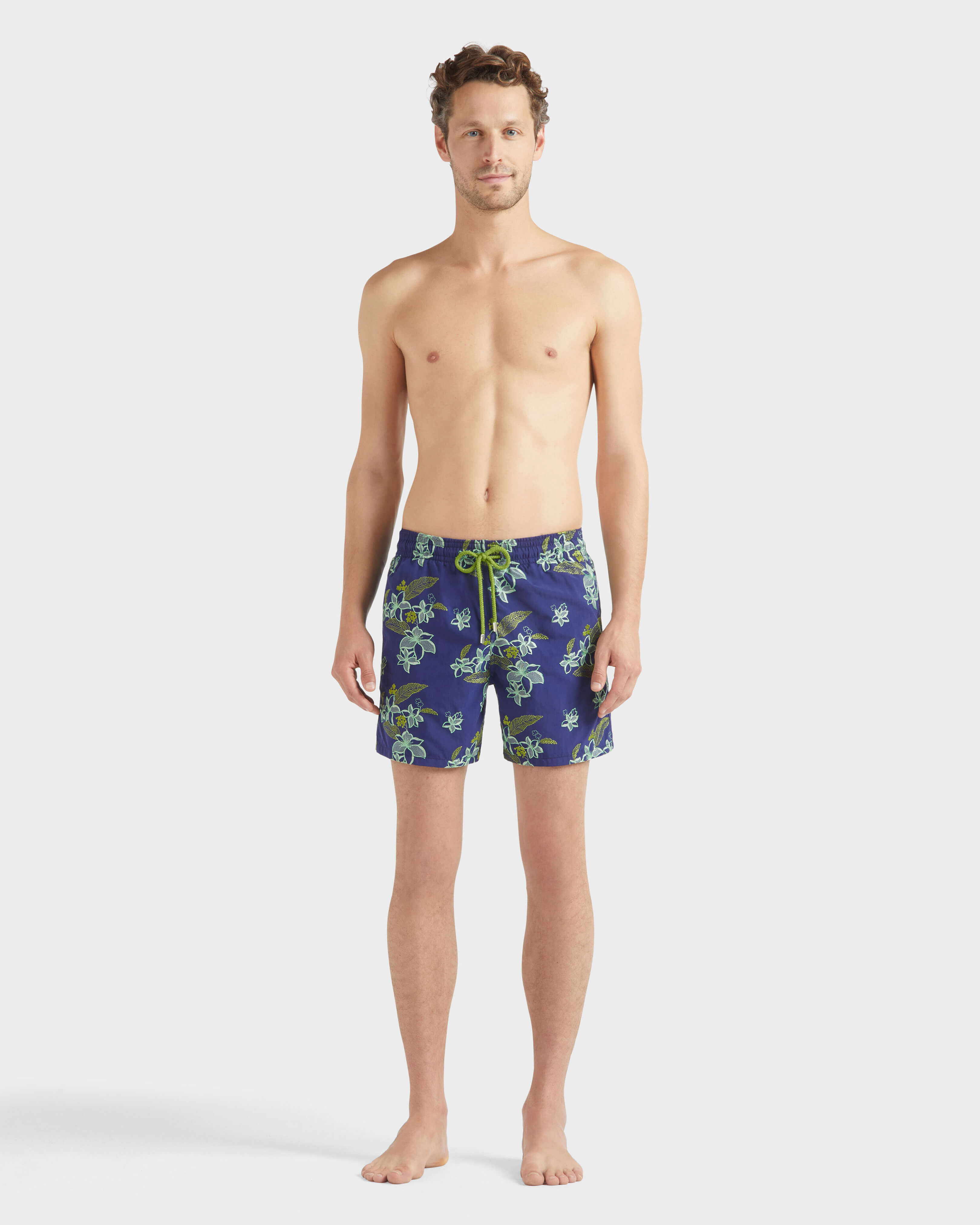 Pantaloncini mare uomo ricamati Flowers Power MIDNIGHT frontworn view