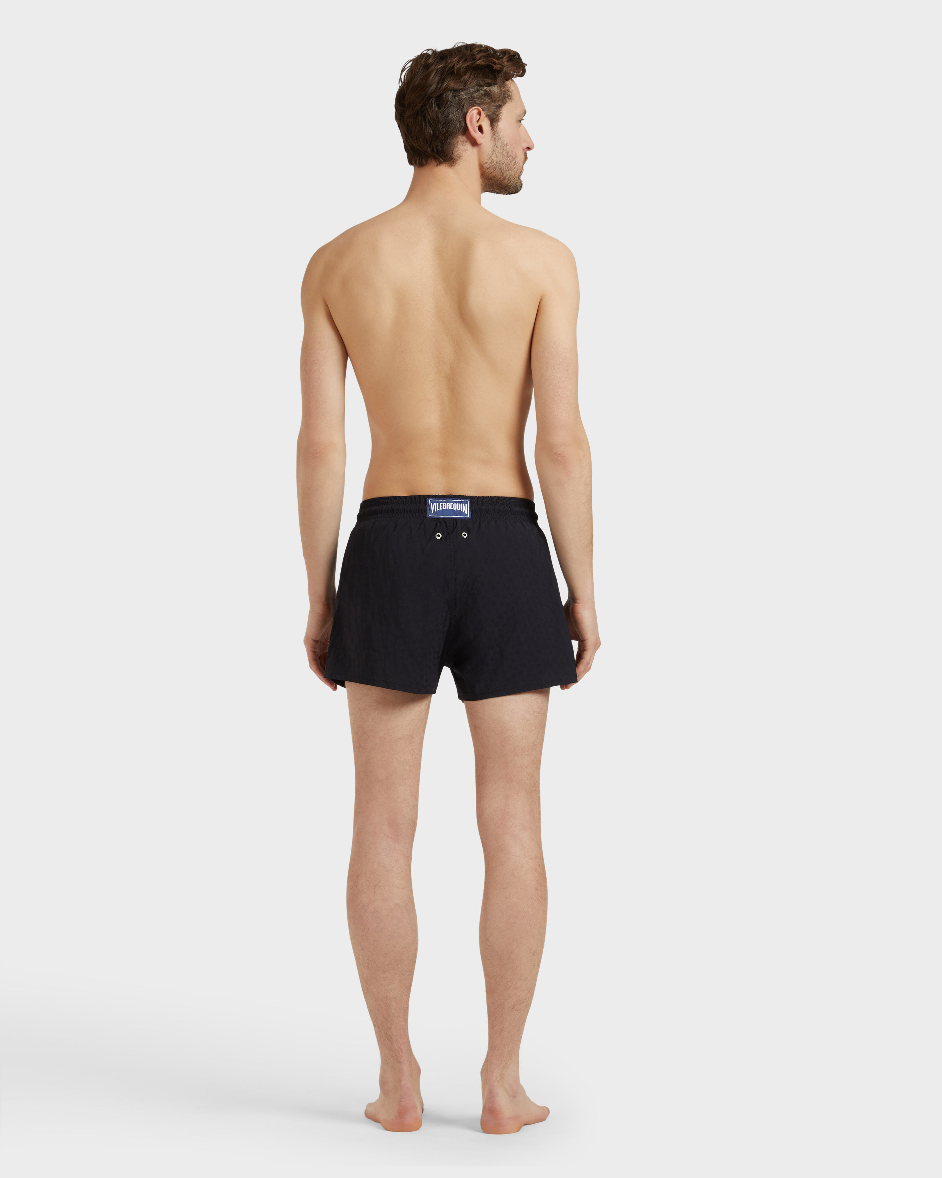 Men Short Swim Trunks Jacquard Turtles BLACK backworn view