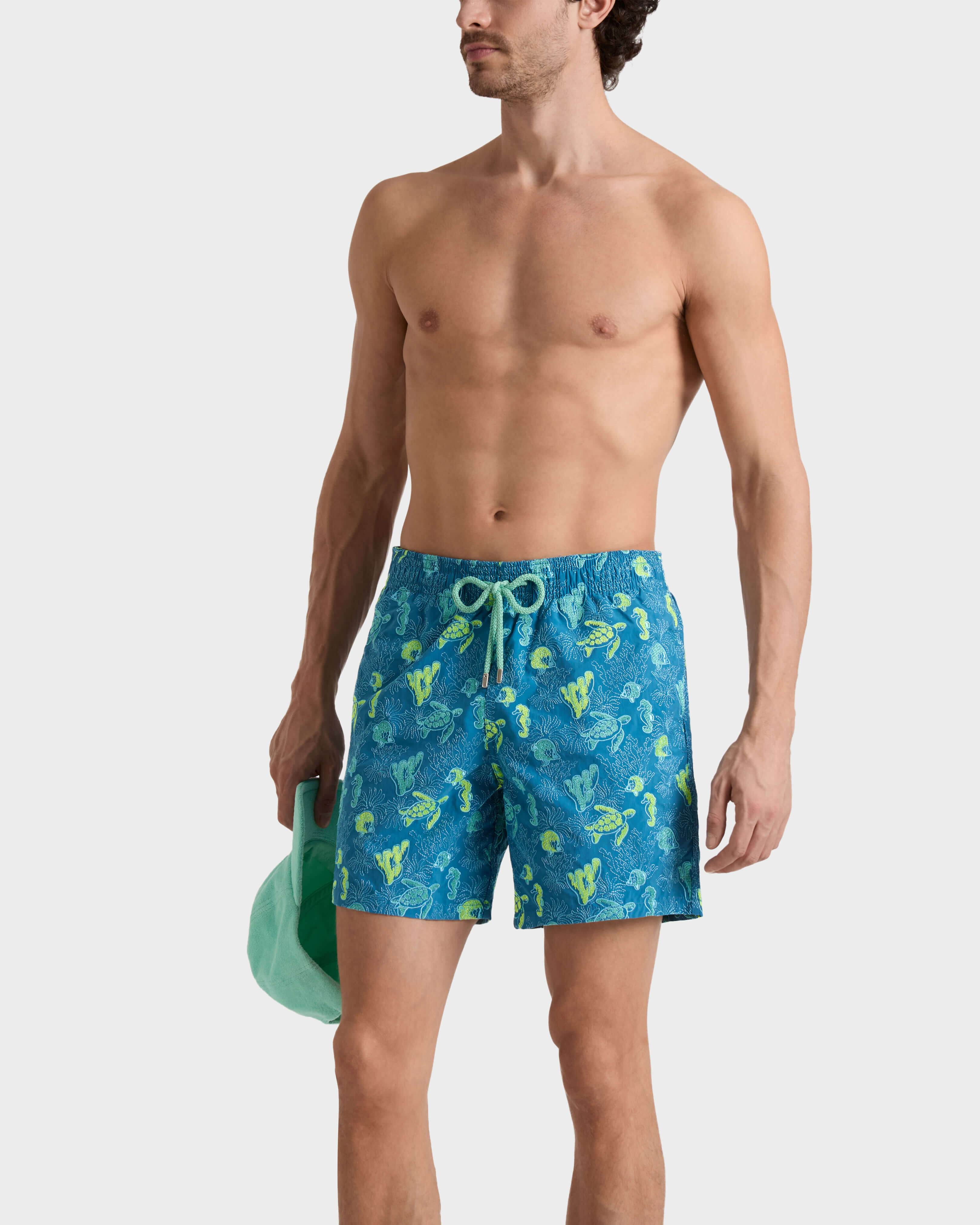 Men Embroidered Swim Trunks Aquatic Life - Limited Edition CALANQUE frontworn view