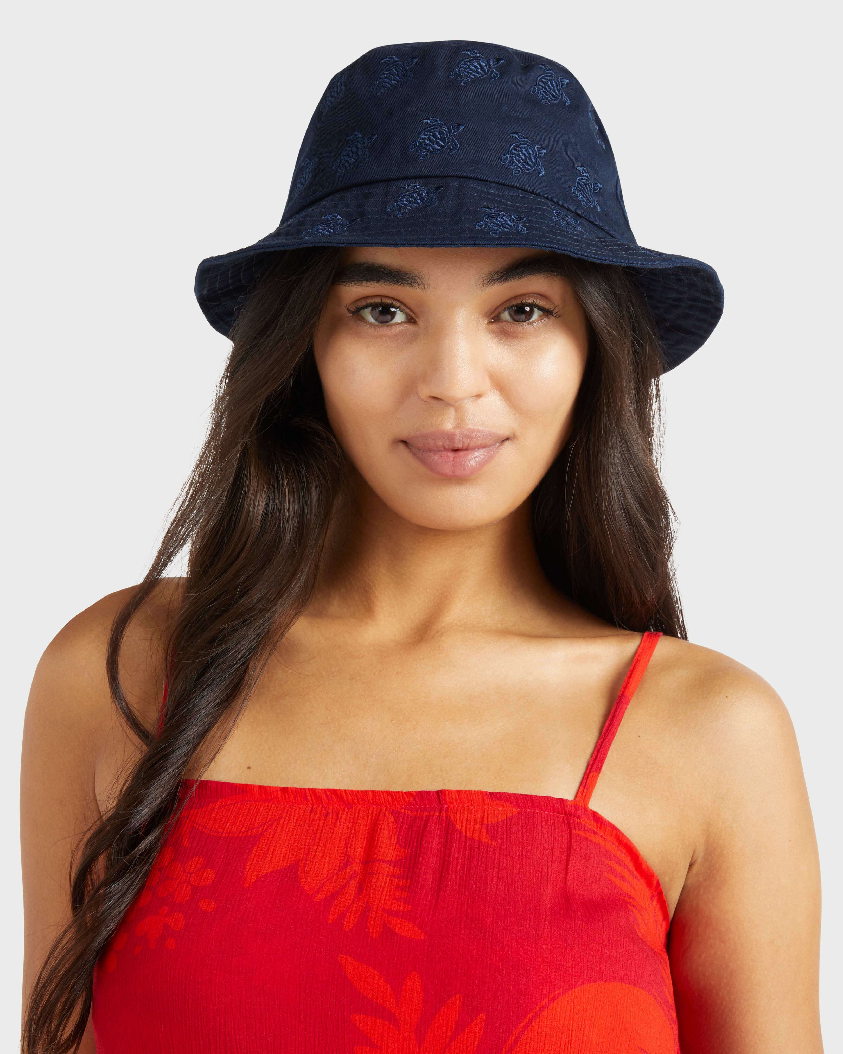 Embroidered Bucket Hat Turtles All Over NAVY frontworn view