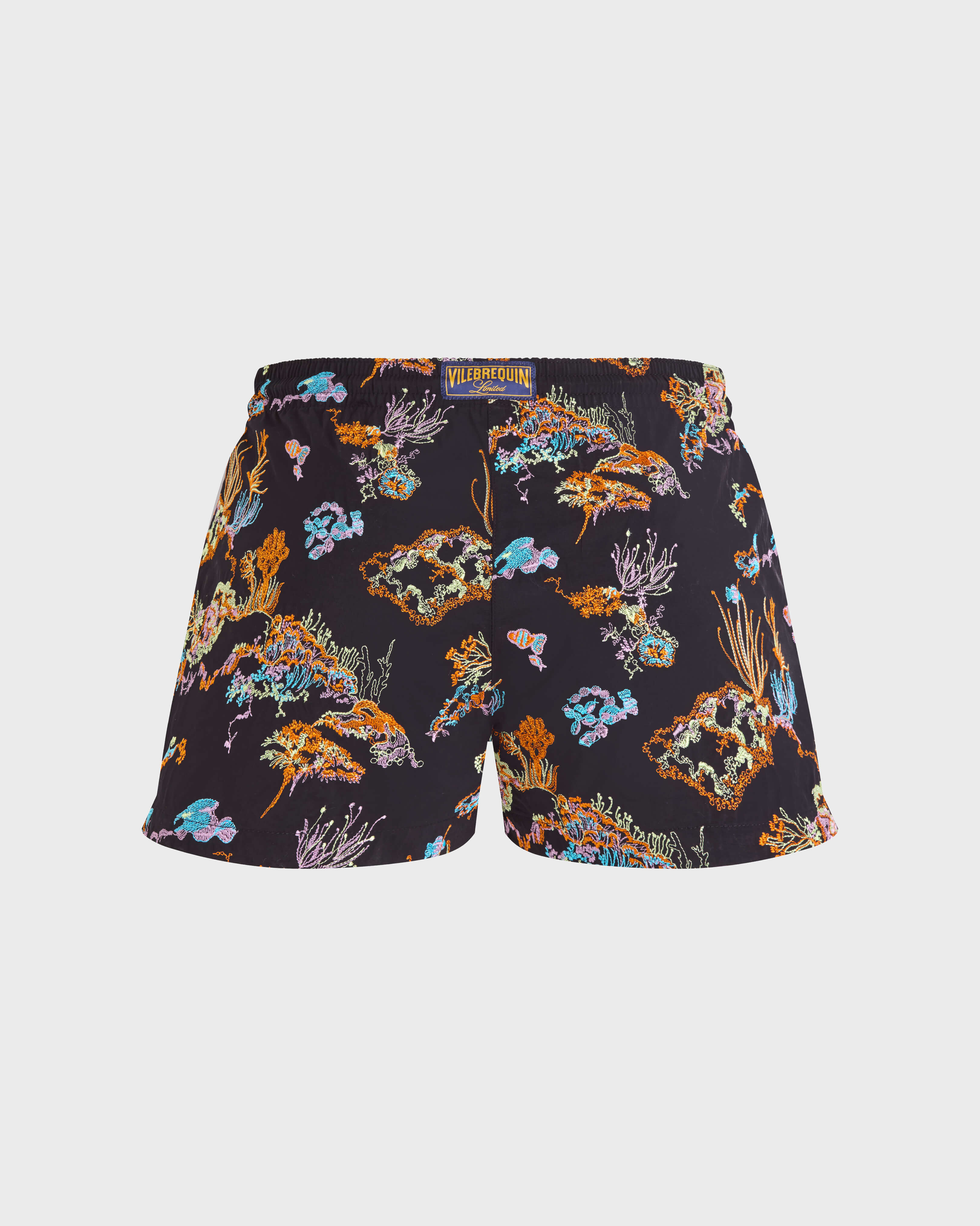 Pantalón corto de baño elástico bordado con motivo Coral Reef para mujer - Edición limitada NEGRO back view