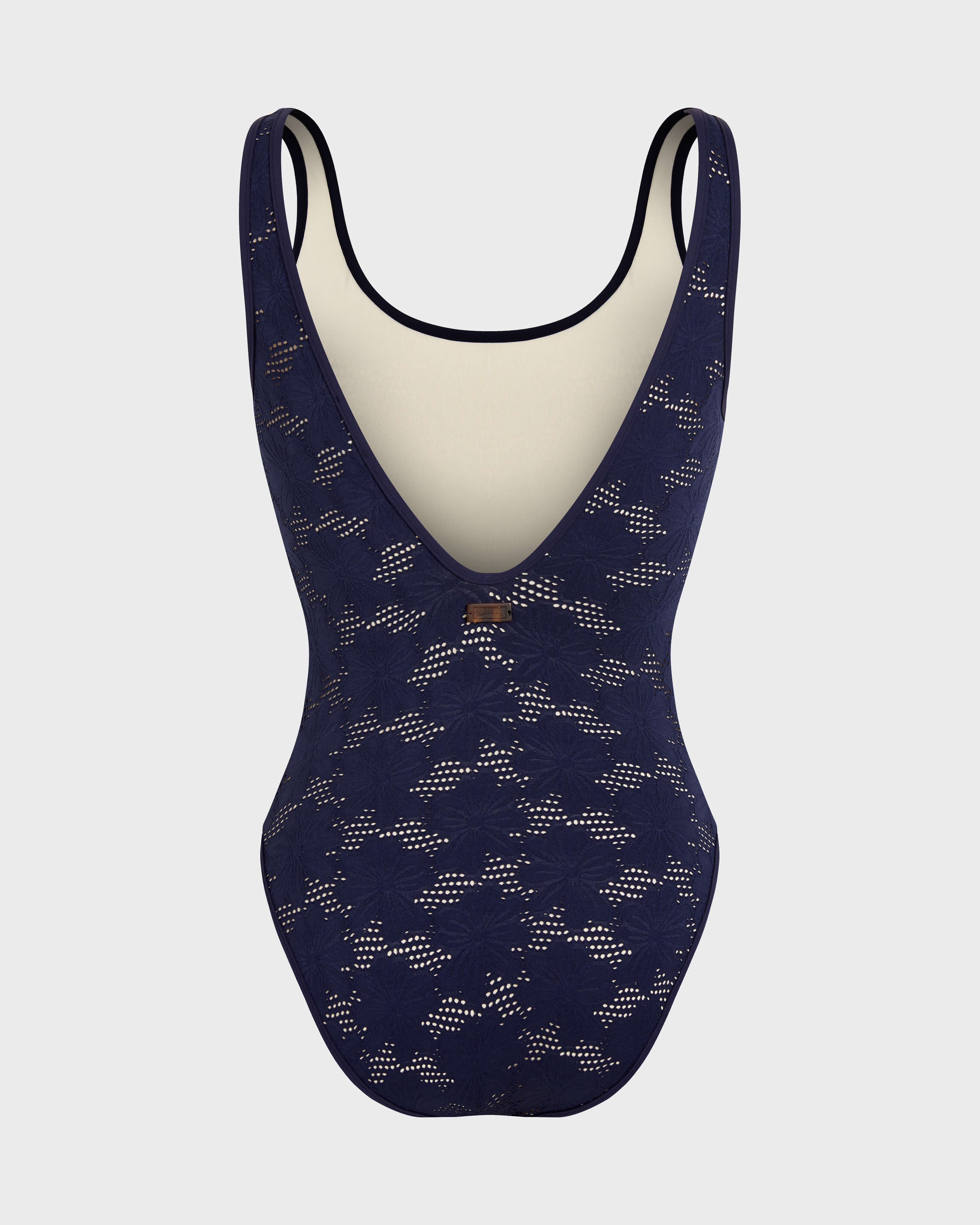 Maillot de bain une pièce dos échancré femme Jacquard Fleur Broderie Anglaise BLEU MARINE back view