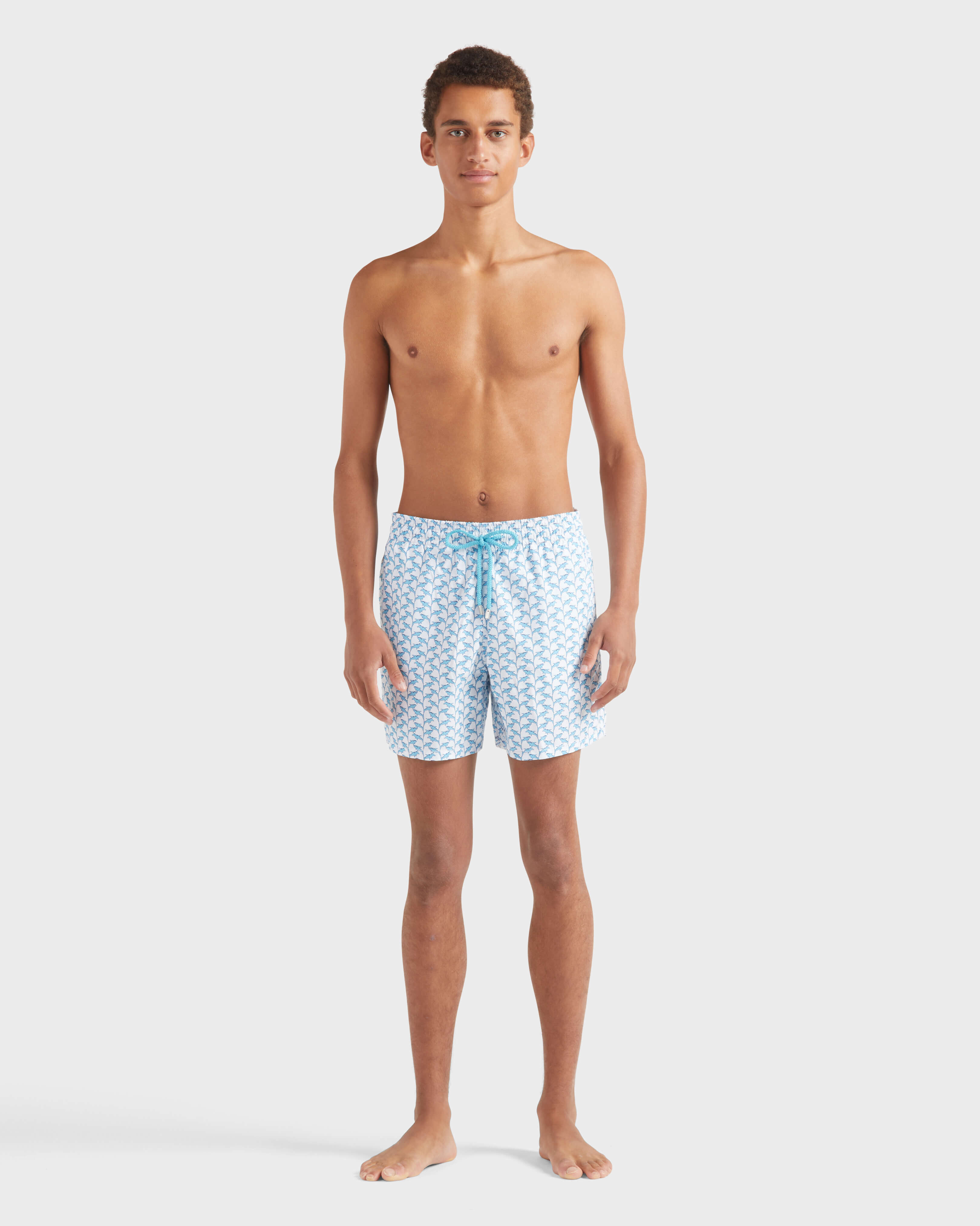 Men Swim Shorts Net Sharks WHITE frontworn view