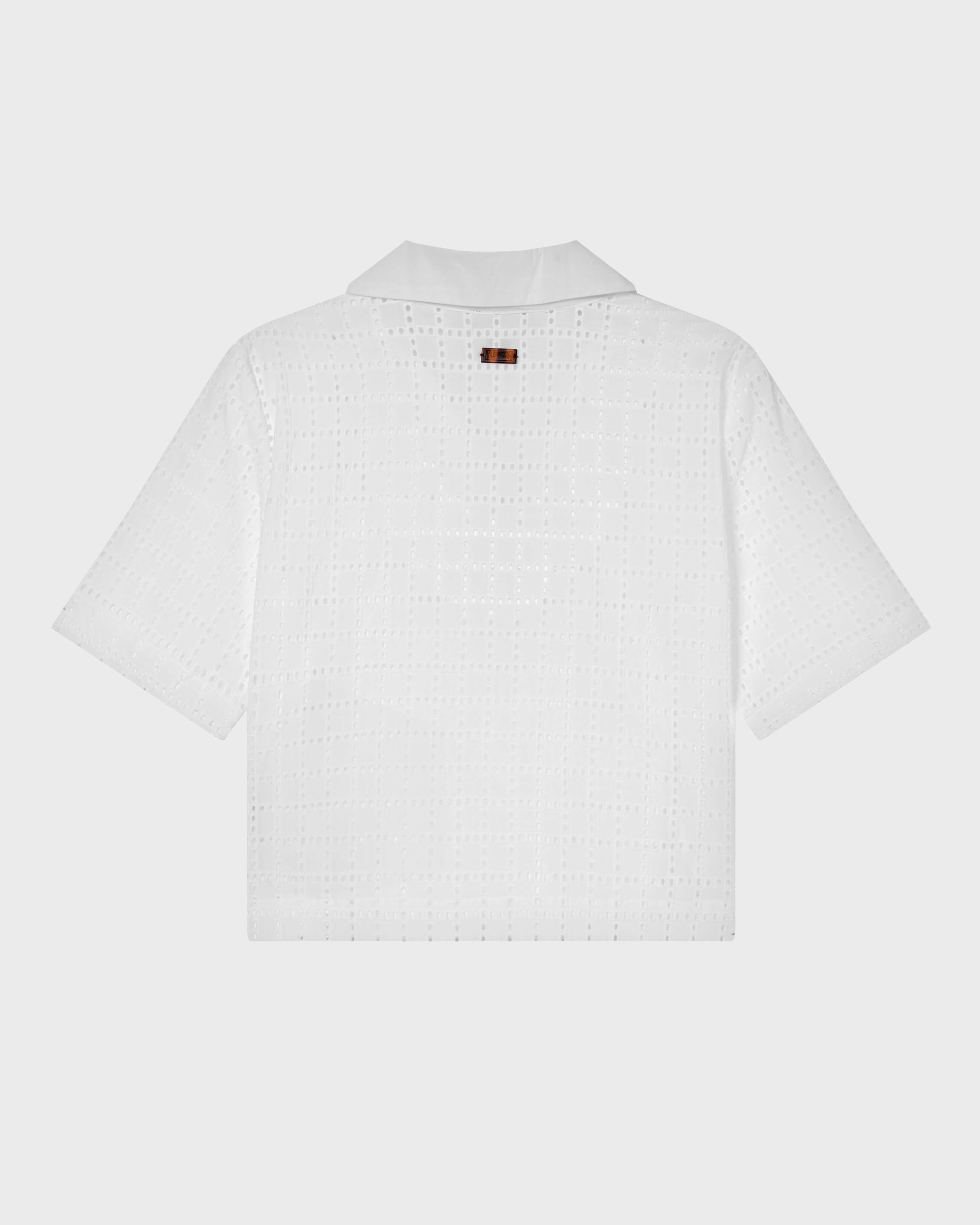 Top corto de Bordado Suizo geométrico para mujer BLANCO back view