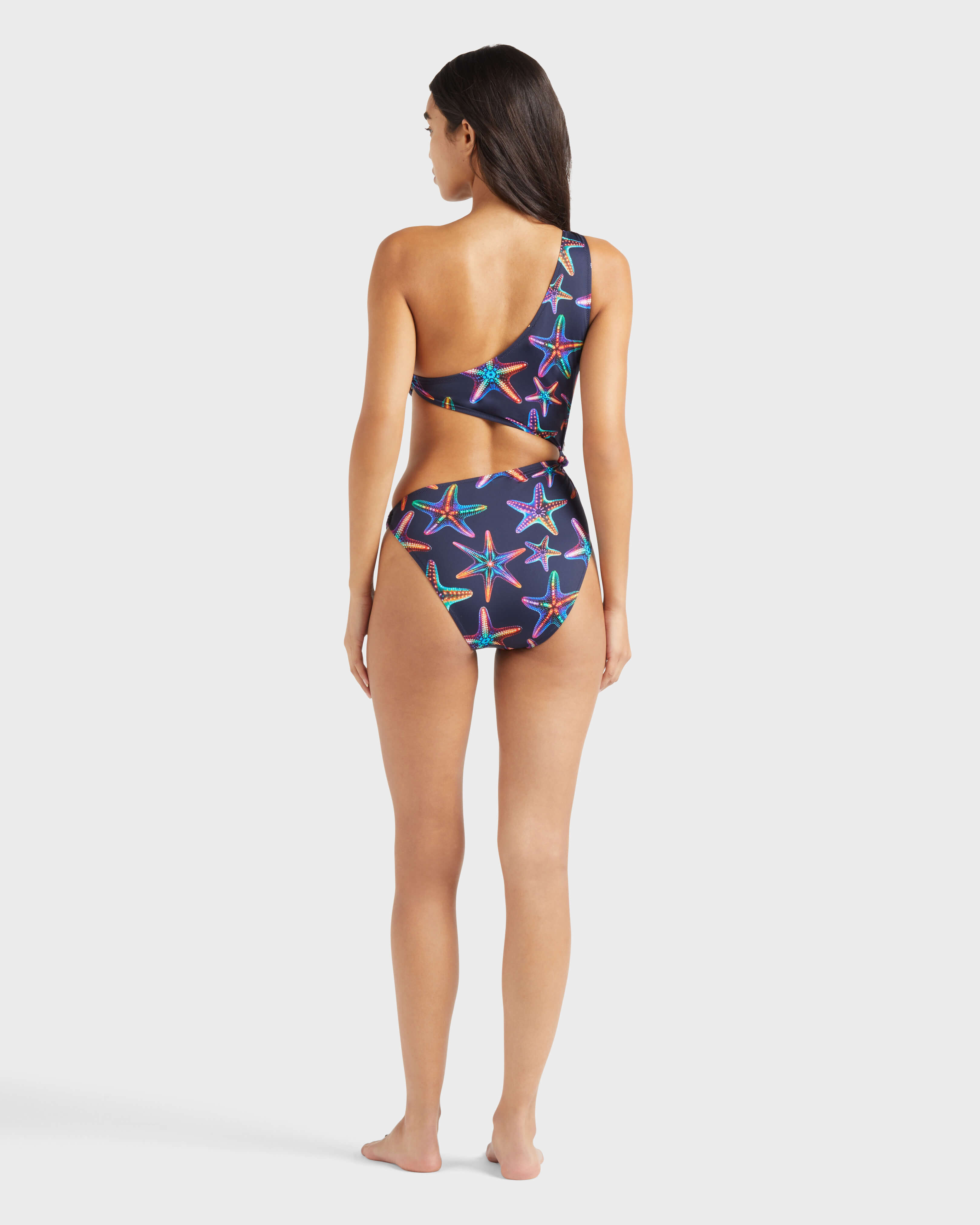 Women Asymmetric One-piece Swimsuit Disco Stars NAVY backworn view