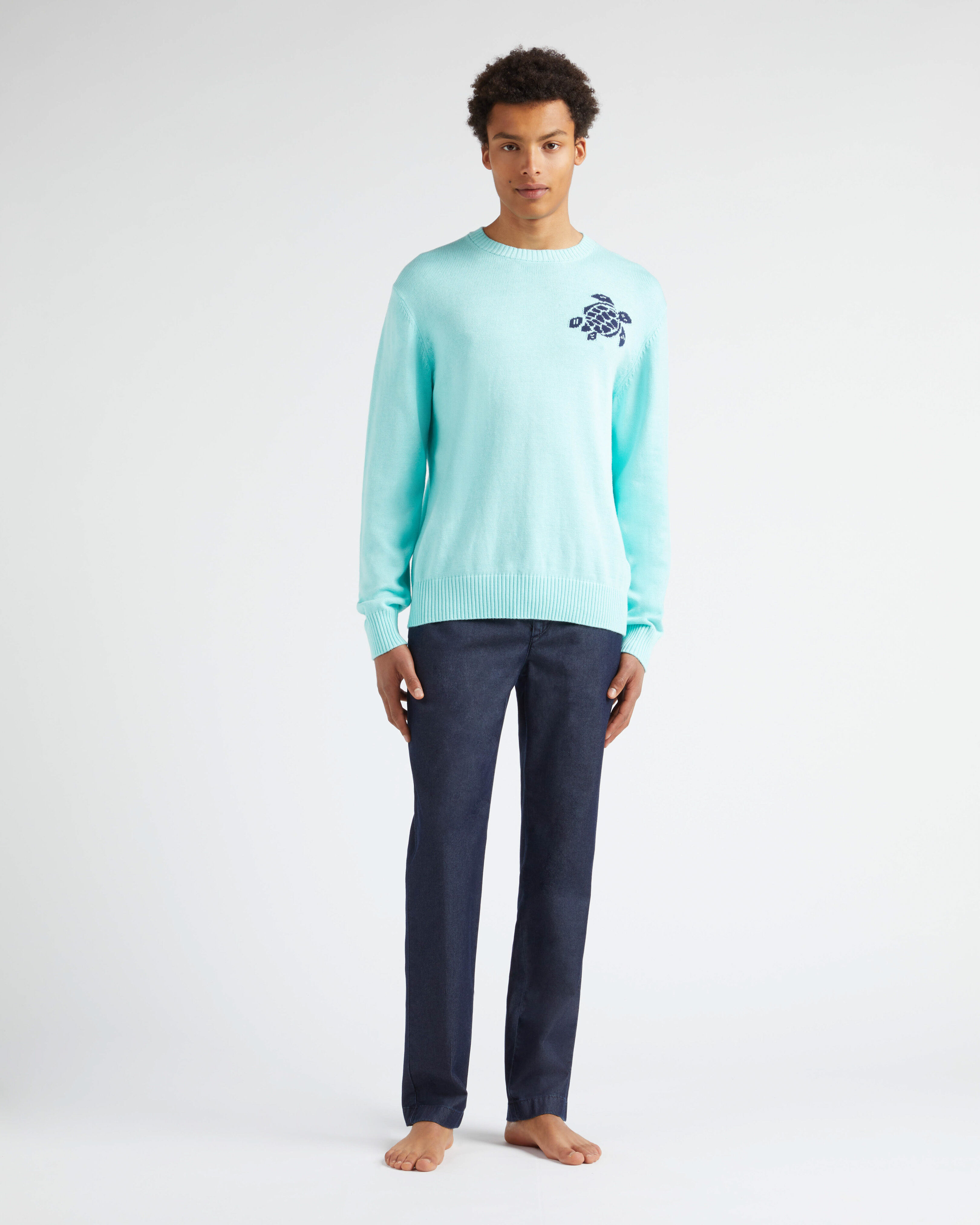 Jersey de algodón y cachemir de cuello redondo y estampado Turtle para hombre ACQUA frontworn view