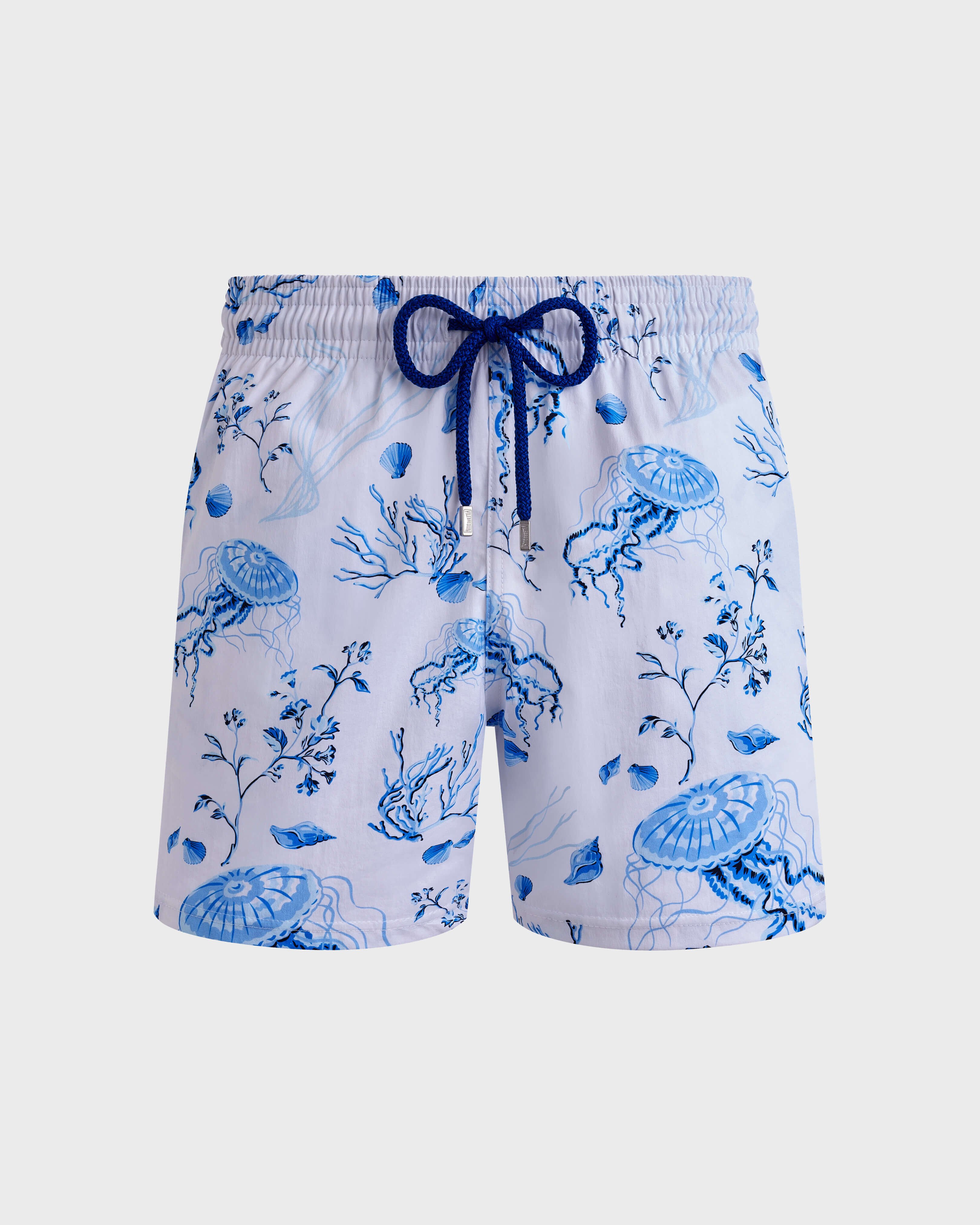 Men Stretch Short Swim Shorts Medusa and Shells WHITE front view