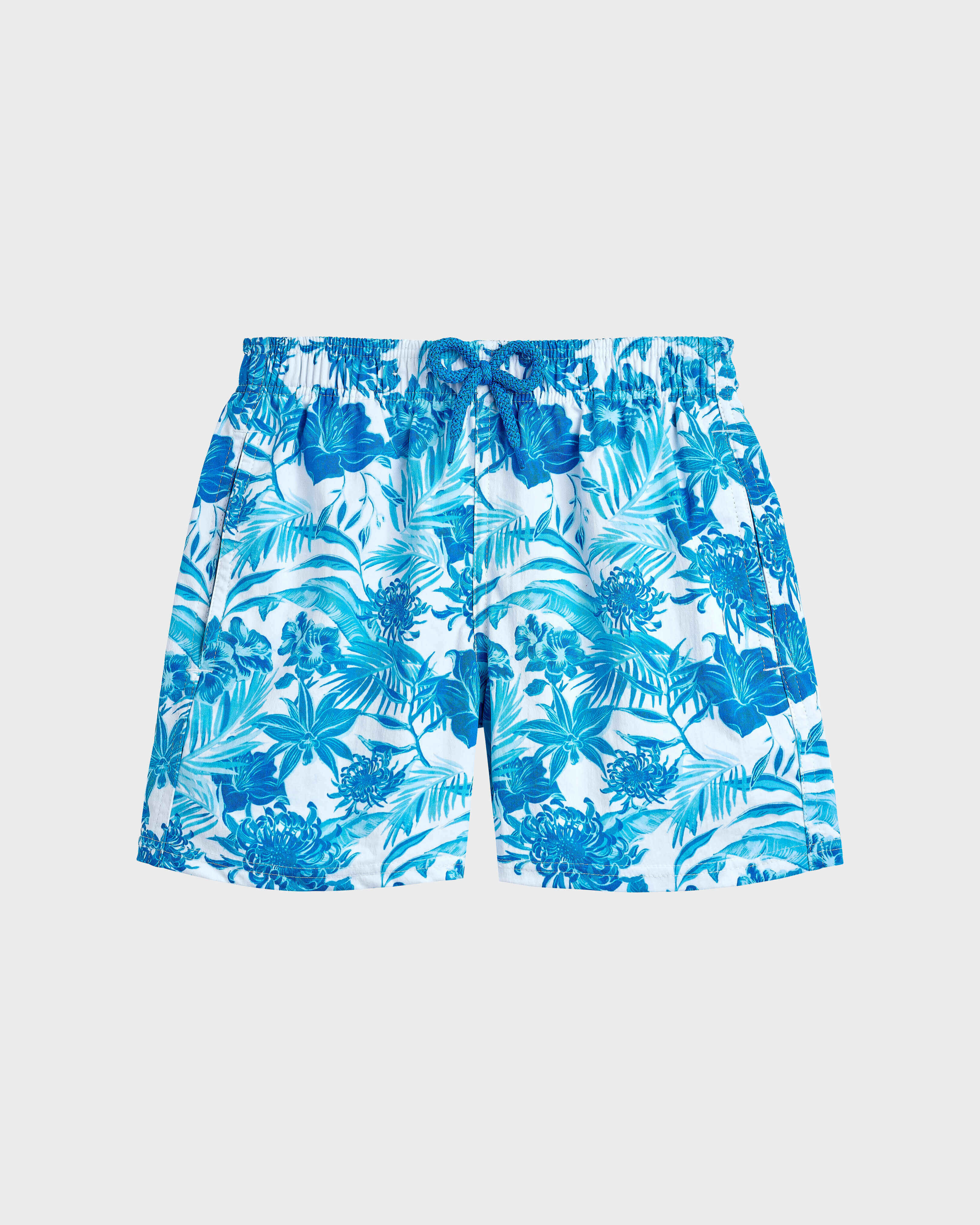 Boys Stretch Swim Shorts Tahiti Flowers WHITE front view