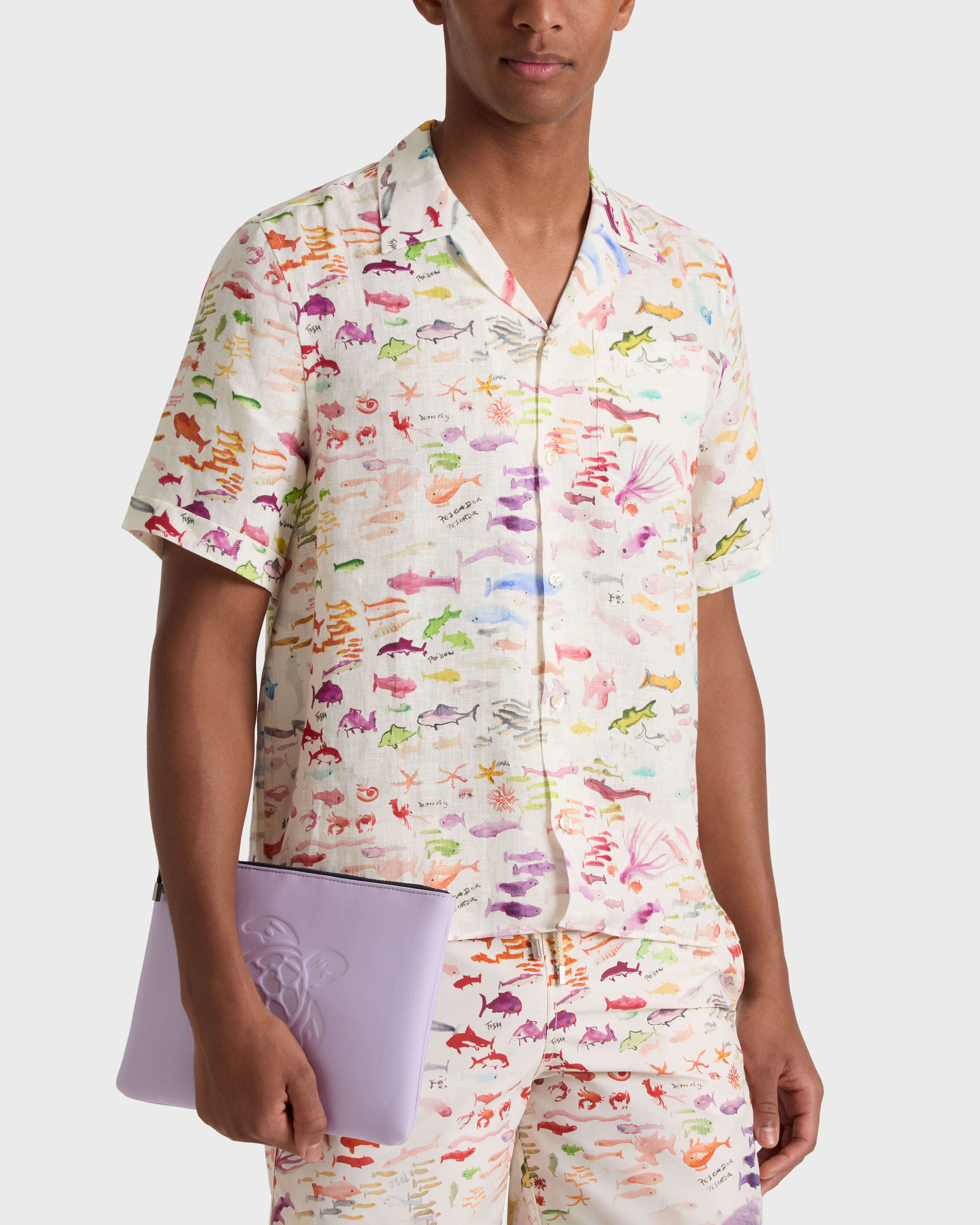 Men Linen Bowling Shirt Pescador - VBQ x Fabrice Hyber PAPIER frontworn view