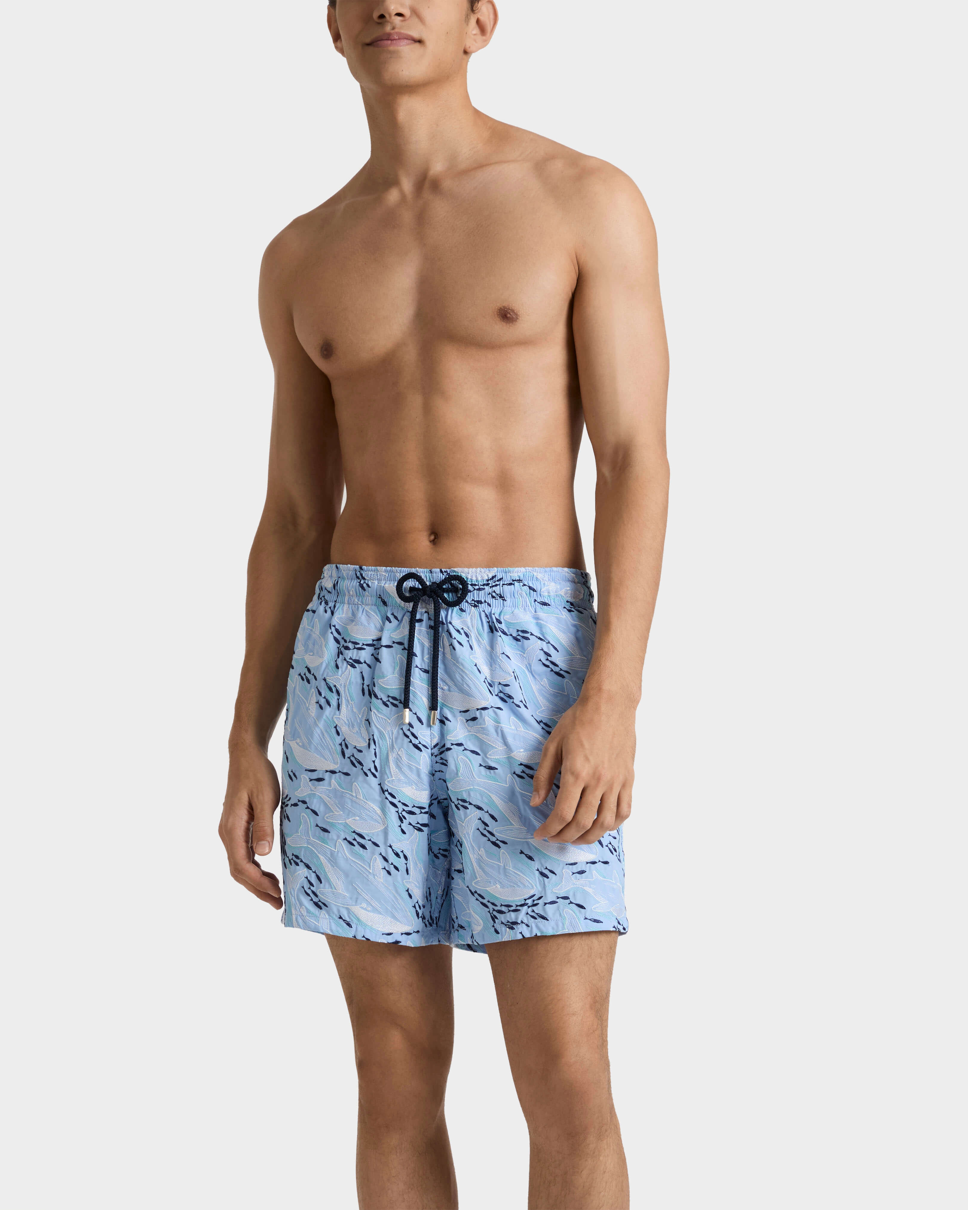 Men Embroidered Swim Trunks Whales Offset - Limited Edition FLAX FLOWER frontworn view