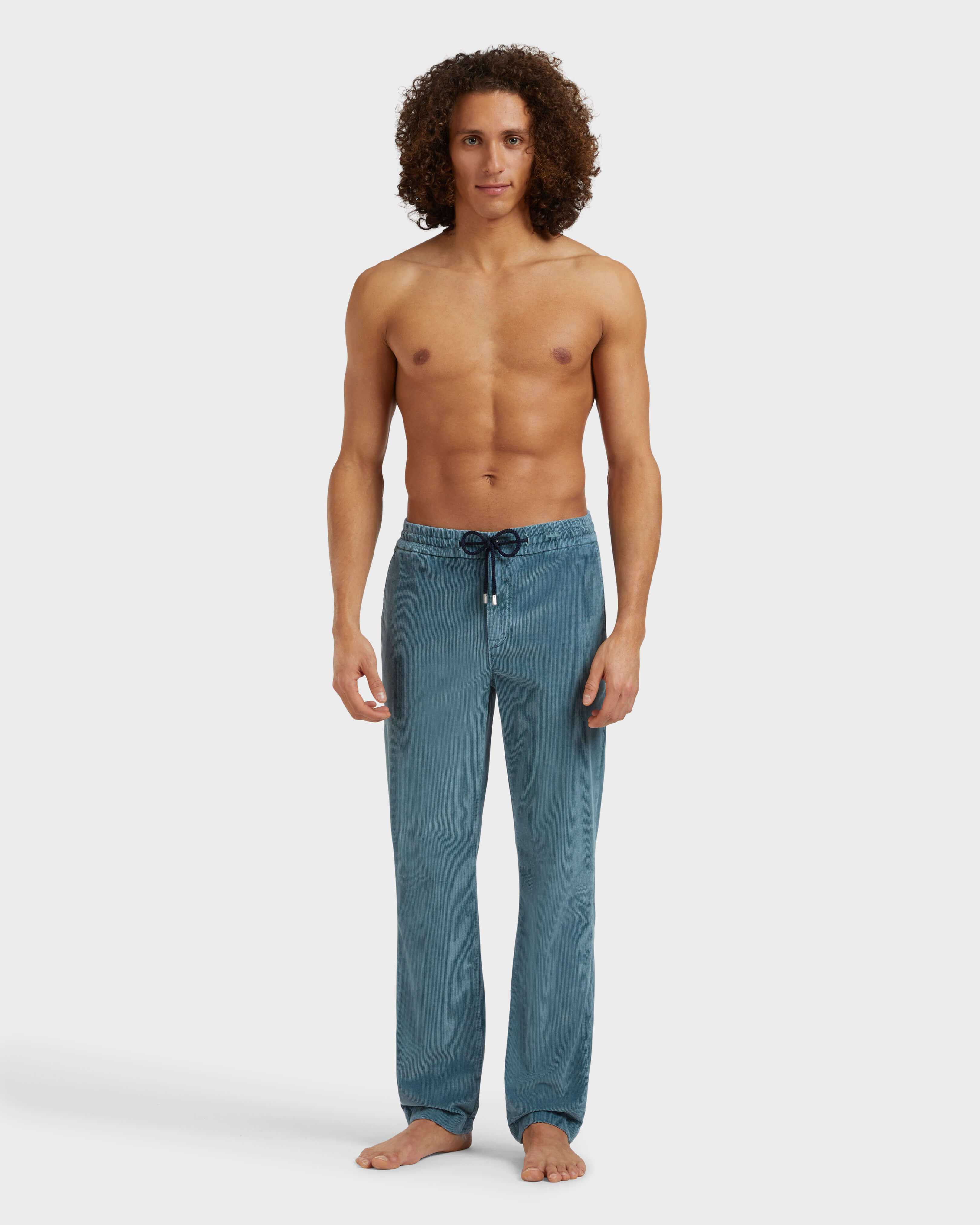 Men Elastic Waist Pants Velvet PEACOCK frontworn view