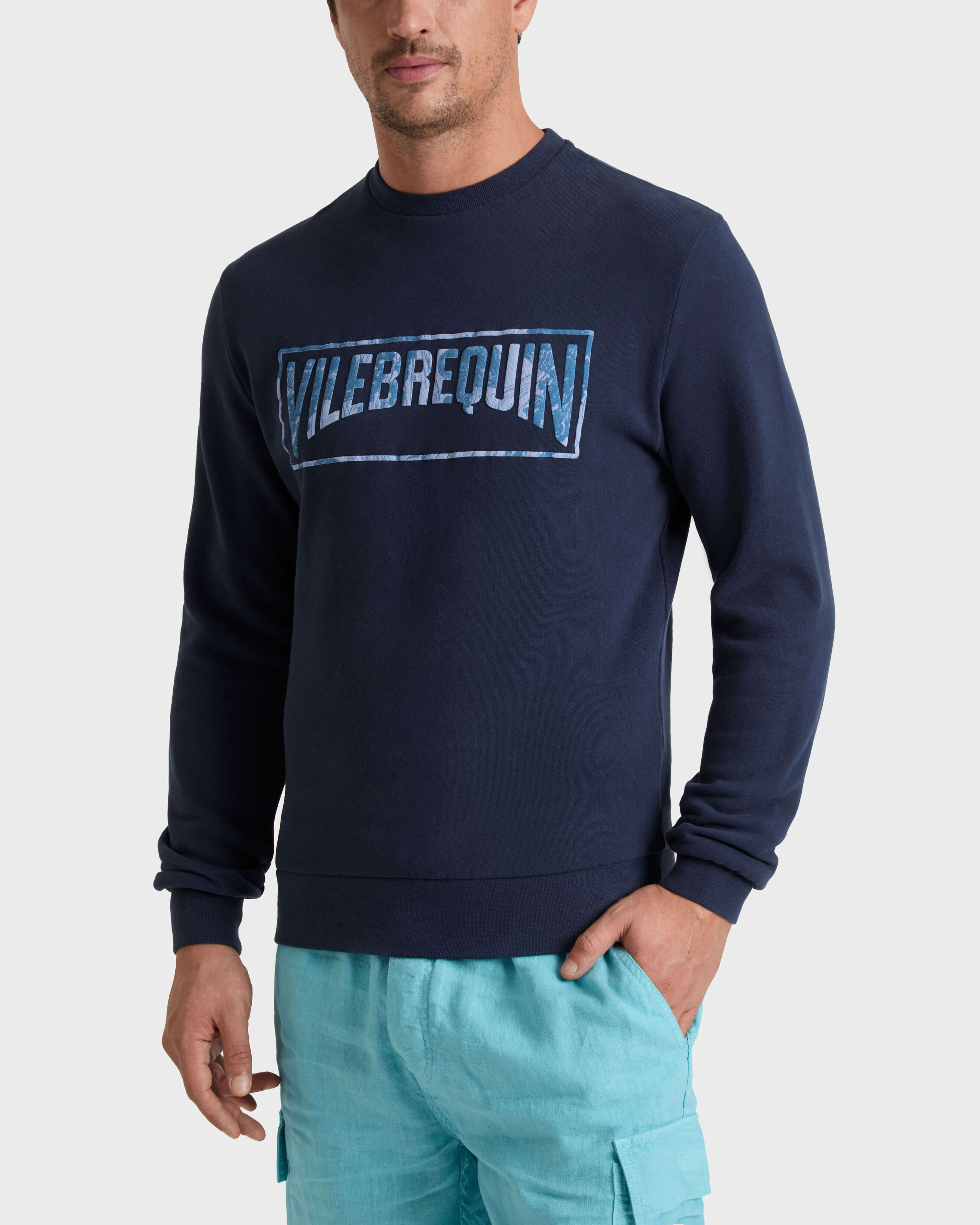 Sweatshirt aus Bio-Baumwolle mit geflocktem Vilebrequin-Logo für Herren MARINEBLAU frontworn view