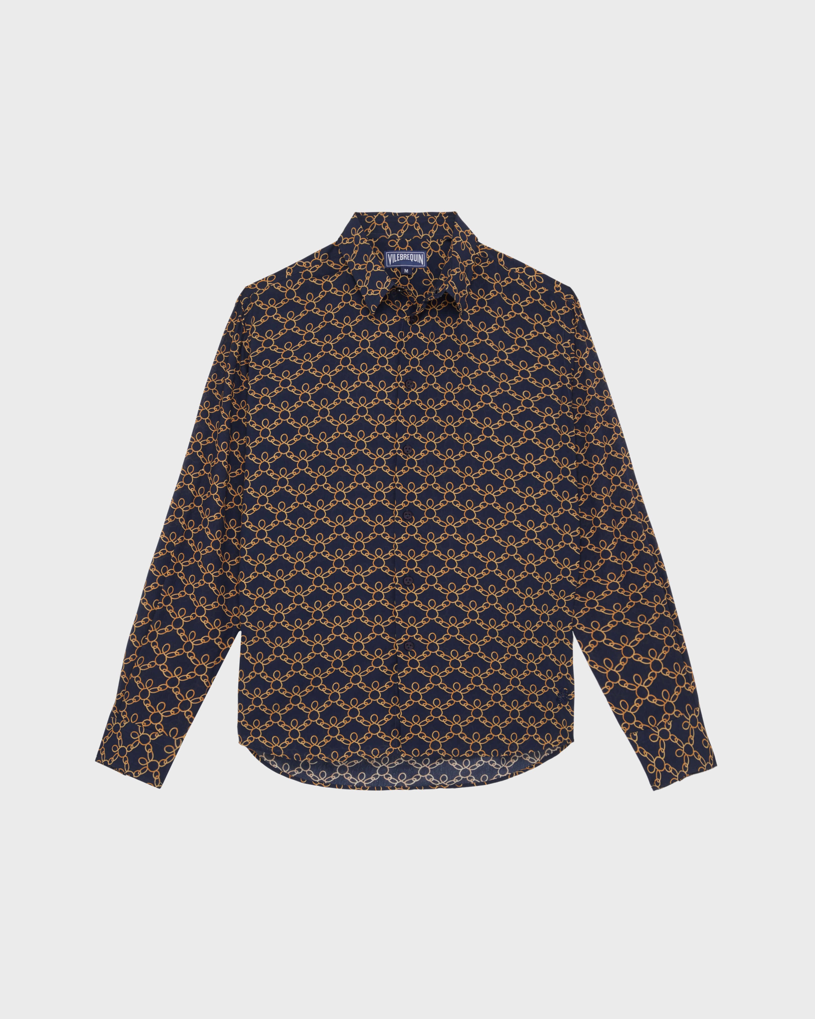 Men Cotton Voile Shirt Turtles Chains NAVY front view