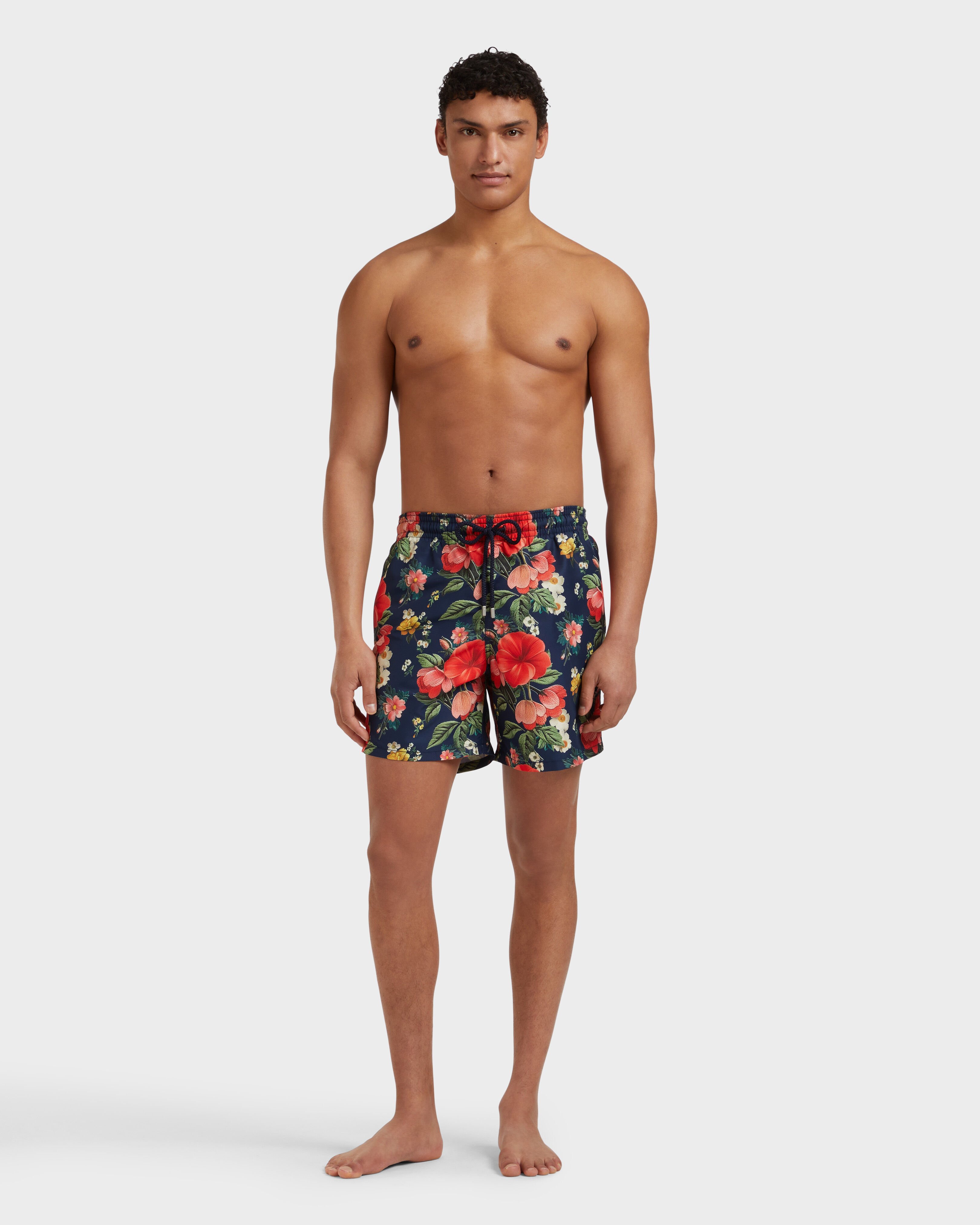 Men Swim Shorts Flowers NAVY frontworn view