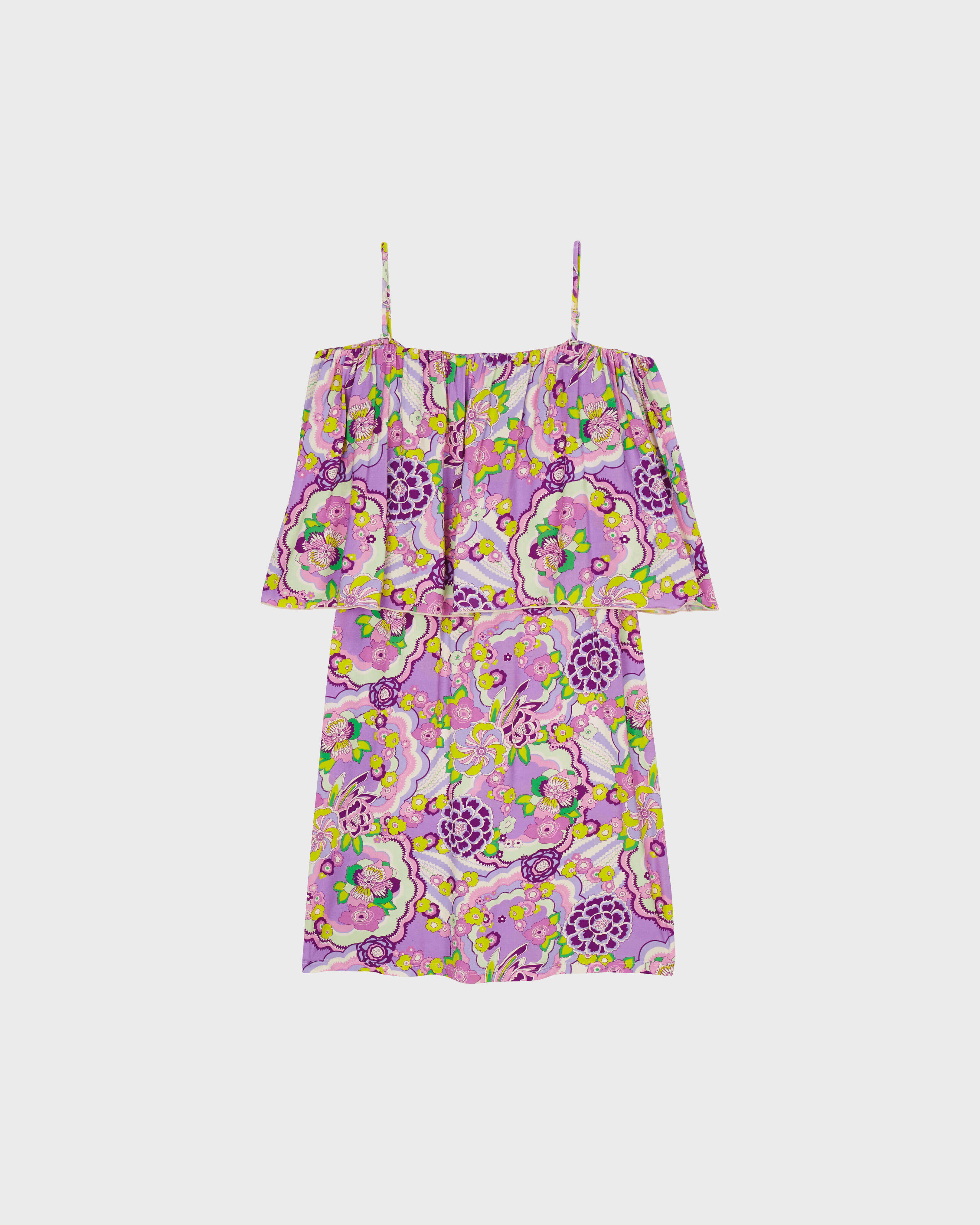 Vestido corto con hombros descubiertos y estampado Rainbow Flowers para mujer CYCLAMEN back view