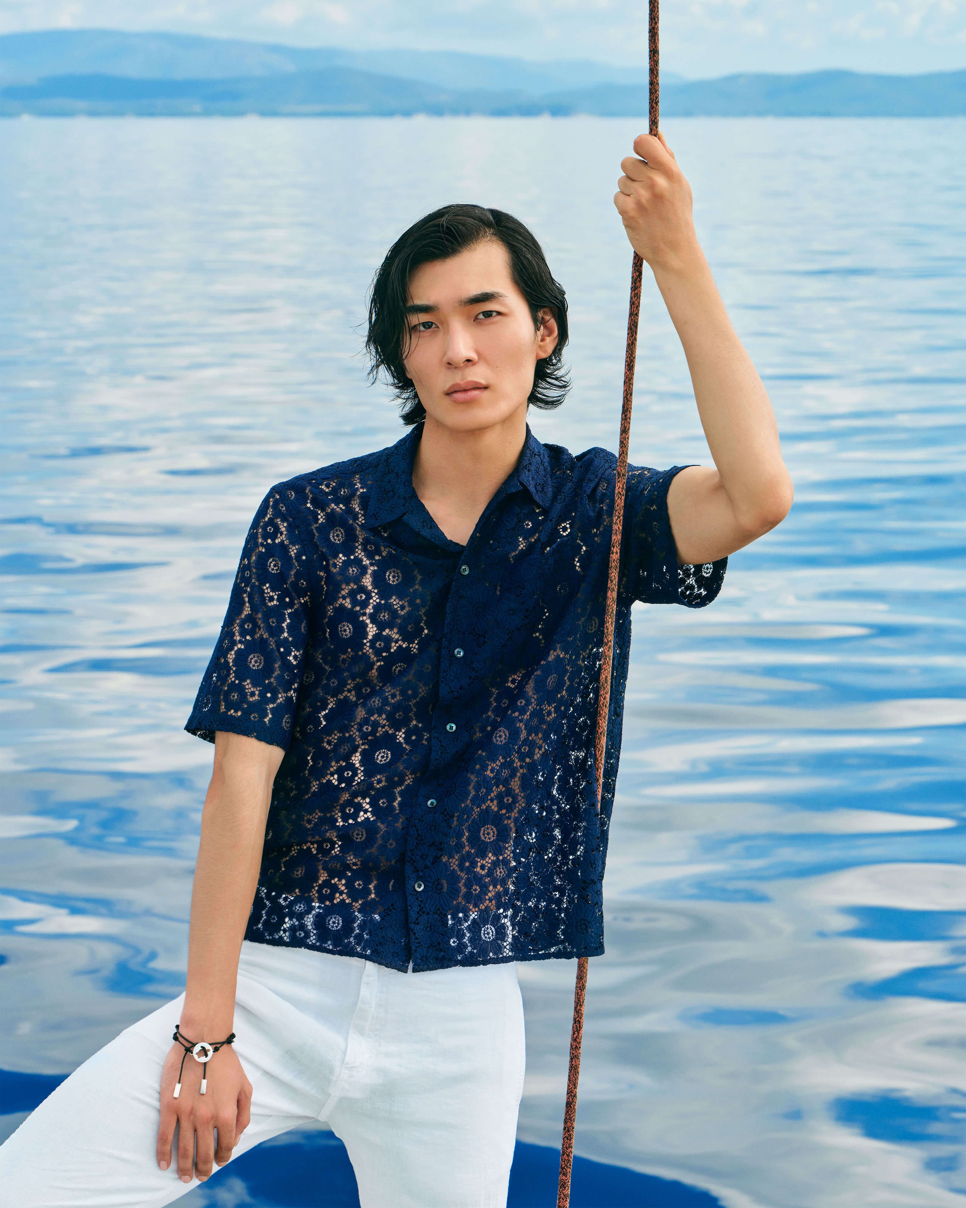 Men Short Sleeve Floral Guipure Shirt - Limited Collection NAVY lifestyle view