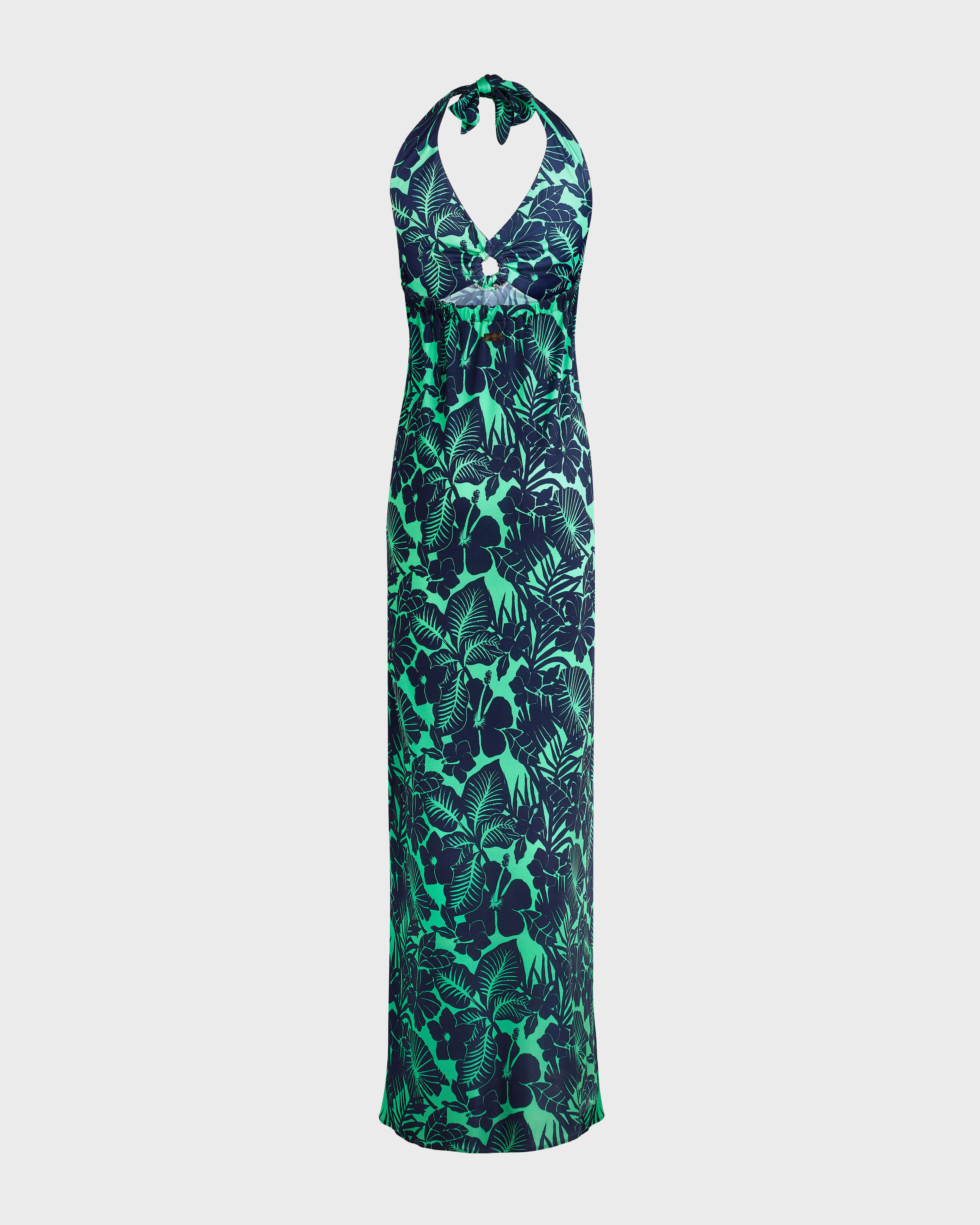 Women Halter Maxi Dress Flowers Paradise GREEN PARADISE back view