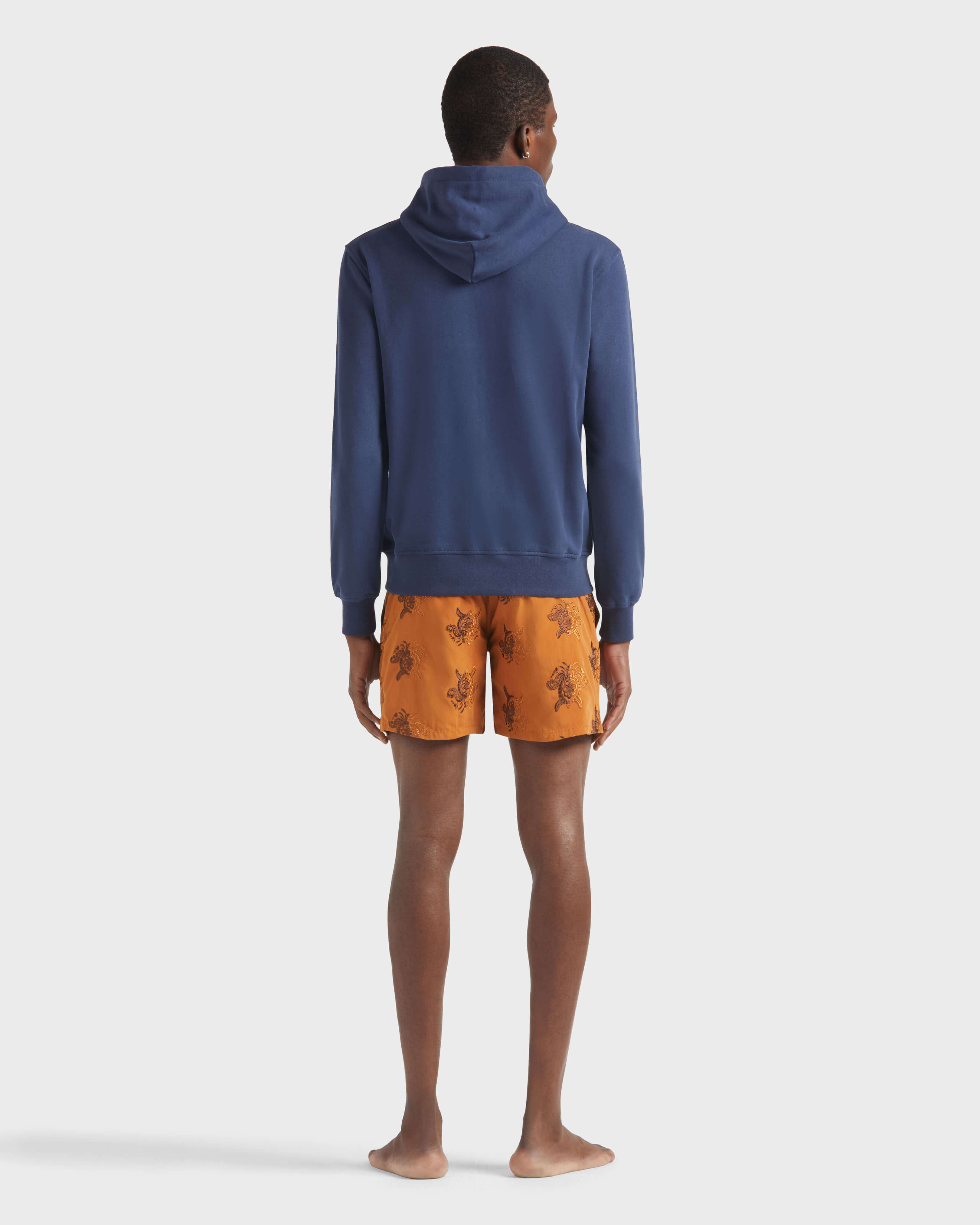 Men Cotton Full Zip Hoodie Sweatshirt Stitched Logo NAVY backworn view