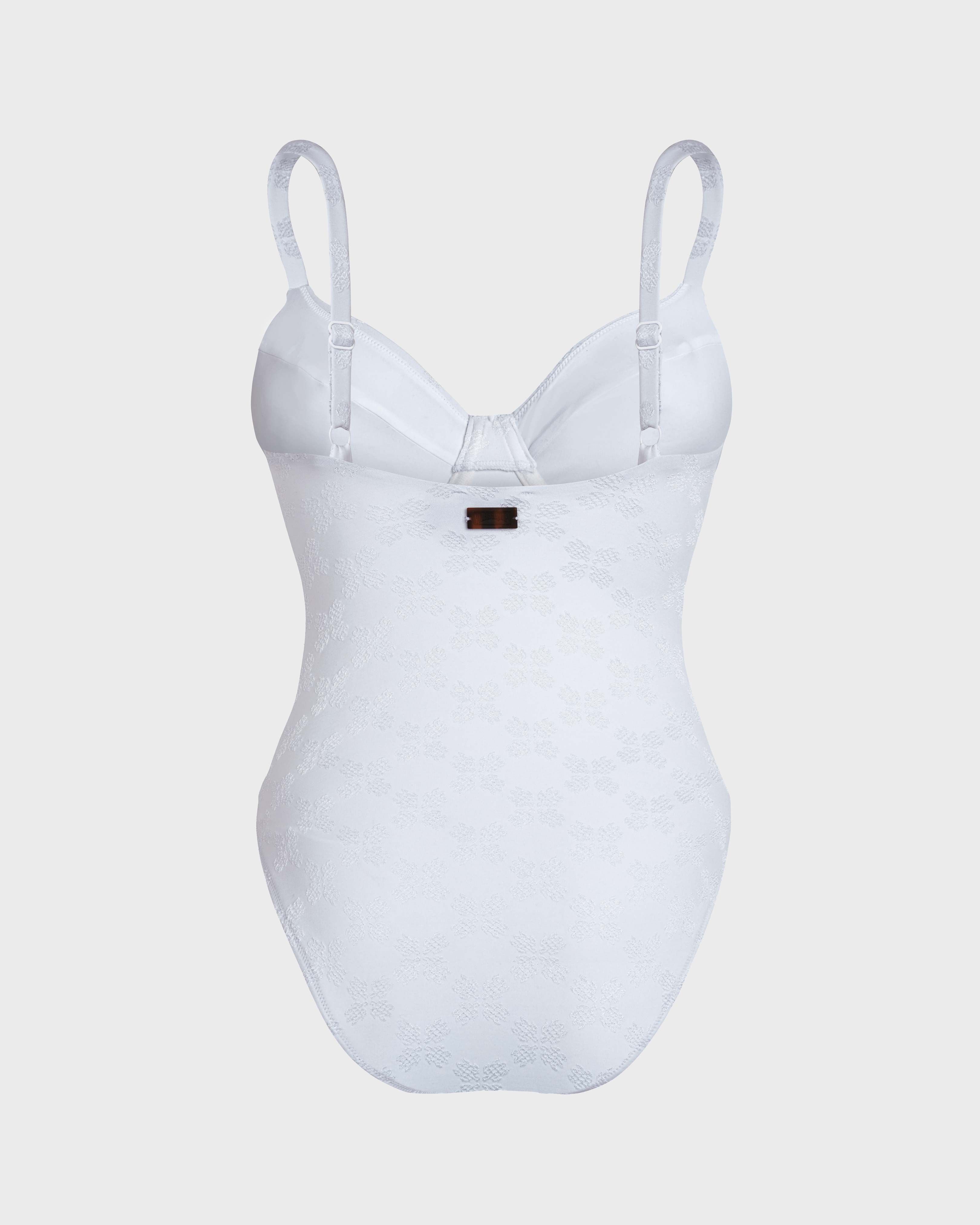Bañador de una sola pieza con aros y estampado Turtle Monogram Jacquard para mujer BLANCO back view